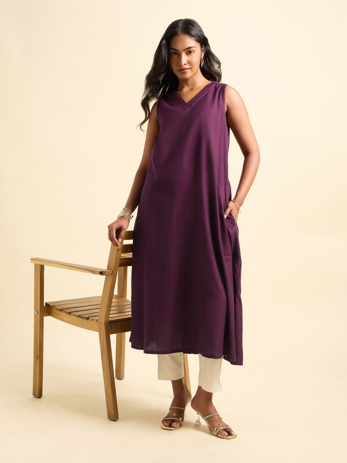 Dark Purple Cotton Viscose Slub Flared Kurti With Pouch Pocket And Minimal Embroidery Detailing