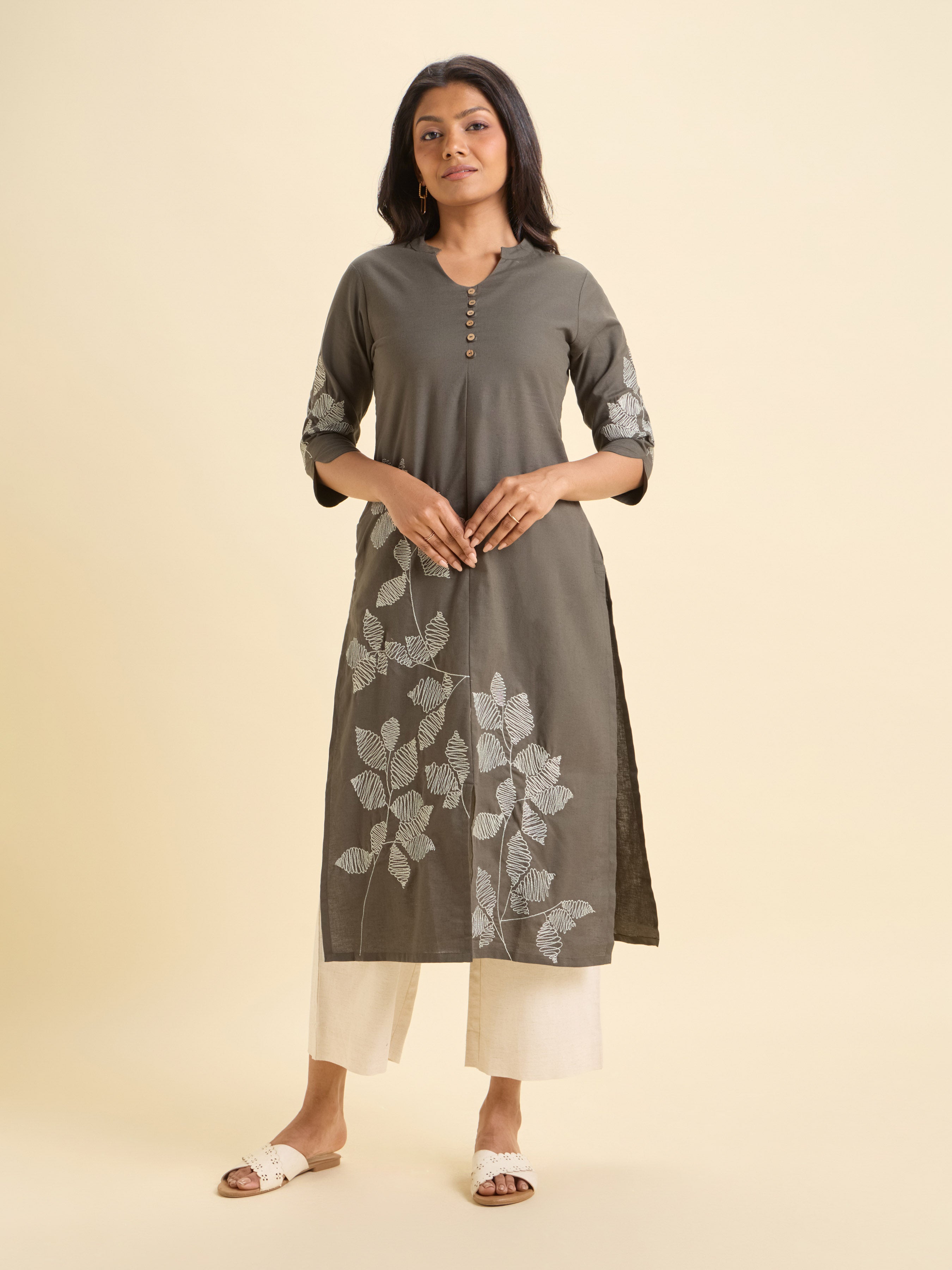 Dark Sage Green Cotton Flax Plain Slitted Kurti With Embroidery