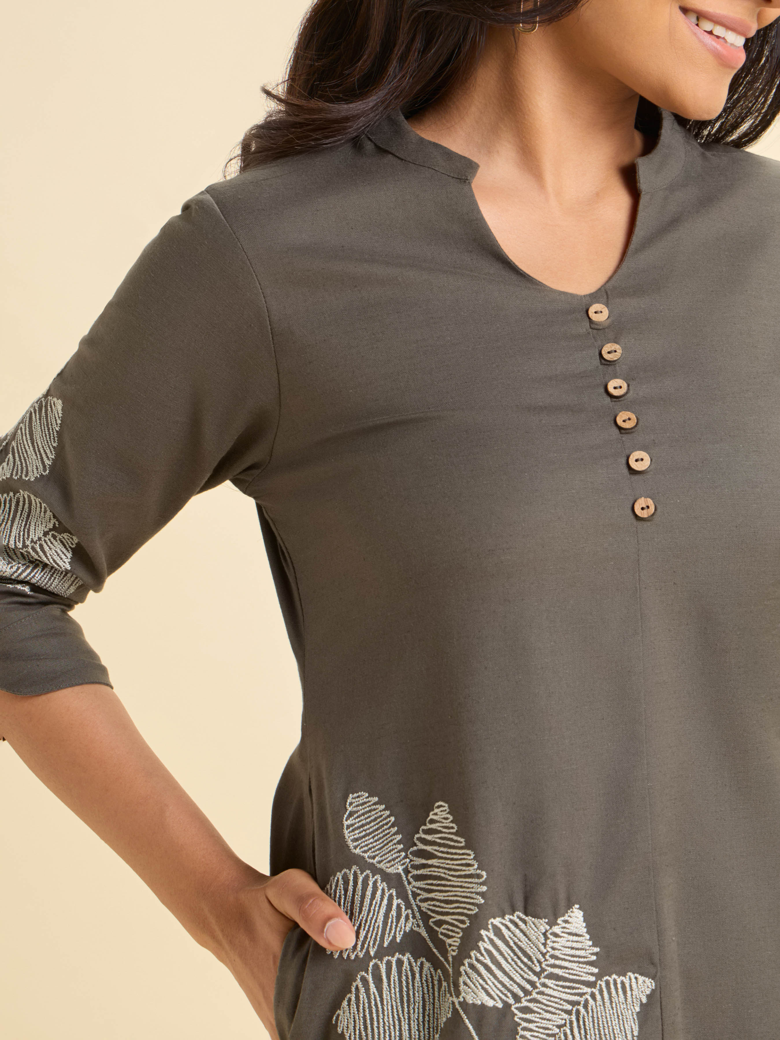 Dark Sage Green Cotton Flax Plain Slitted Kurti With Embroidery