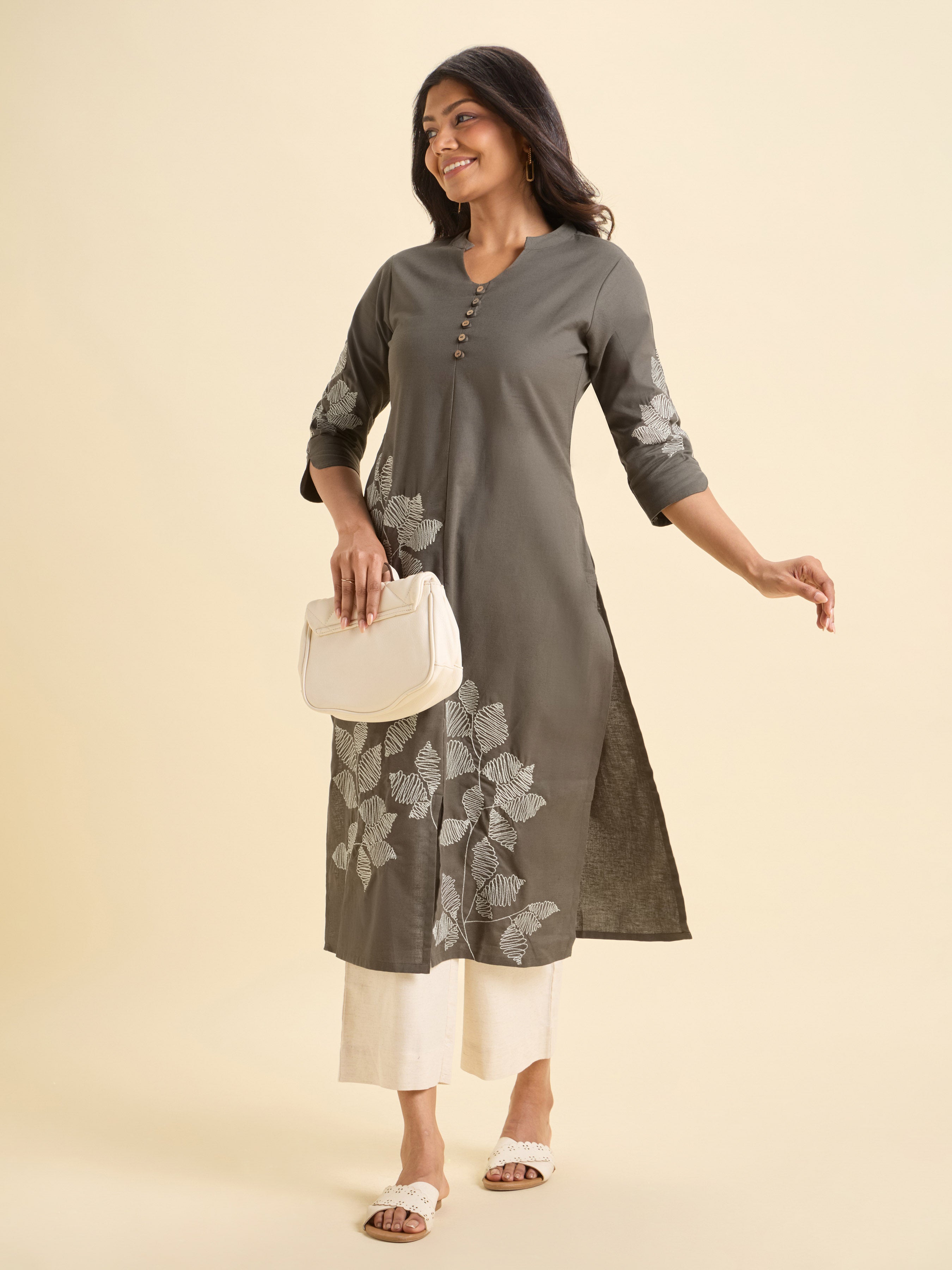 Dark Sage Green Cotton Flax Plain Slitted Kurti With Embroidery
