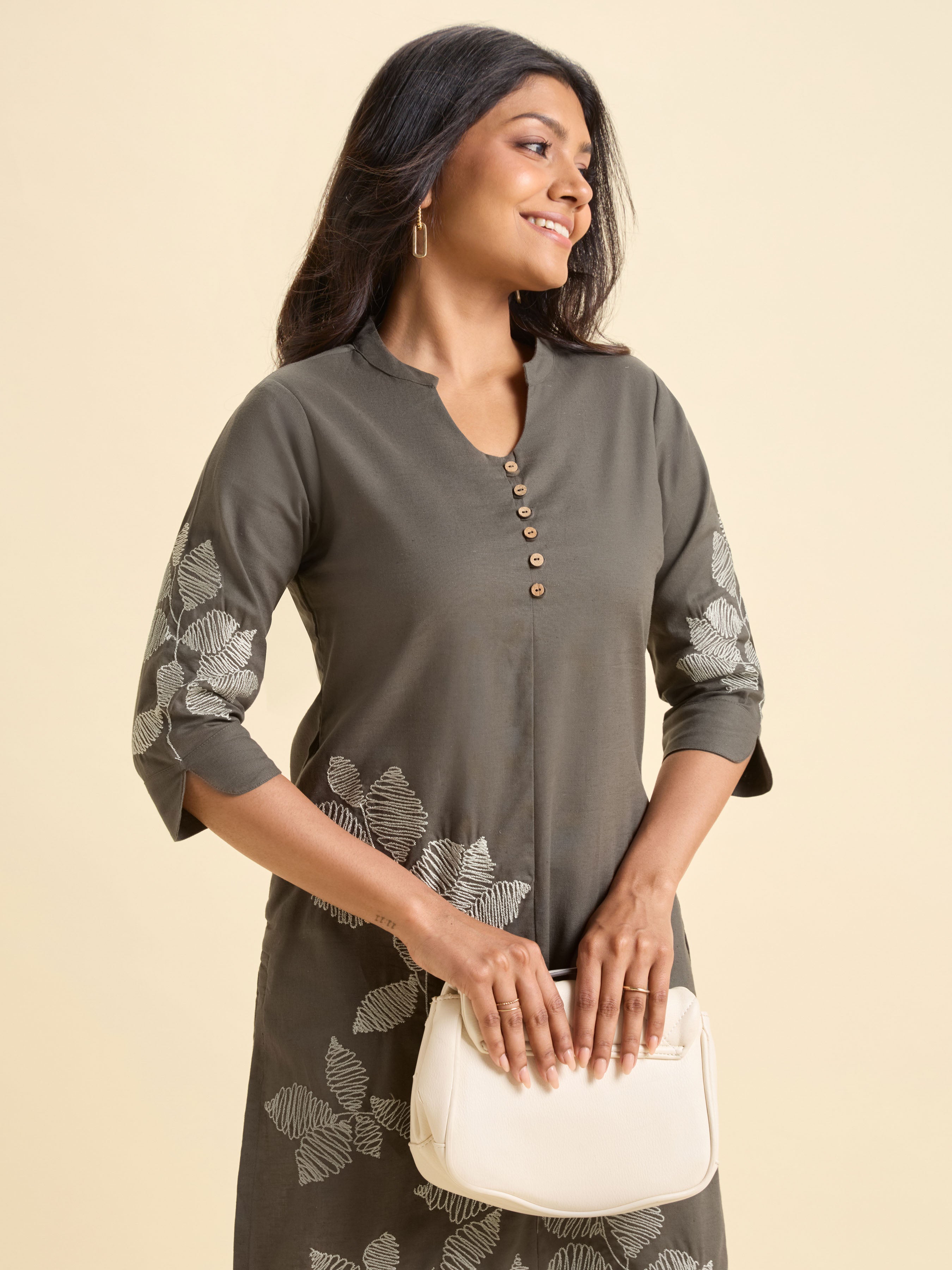 Dark Sage Green Cotton Flax Plain Slitted Kurti With Embroidery