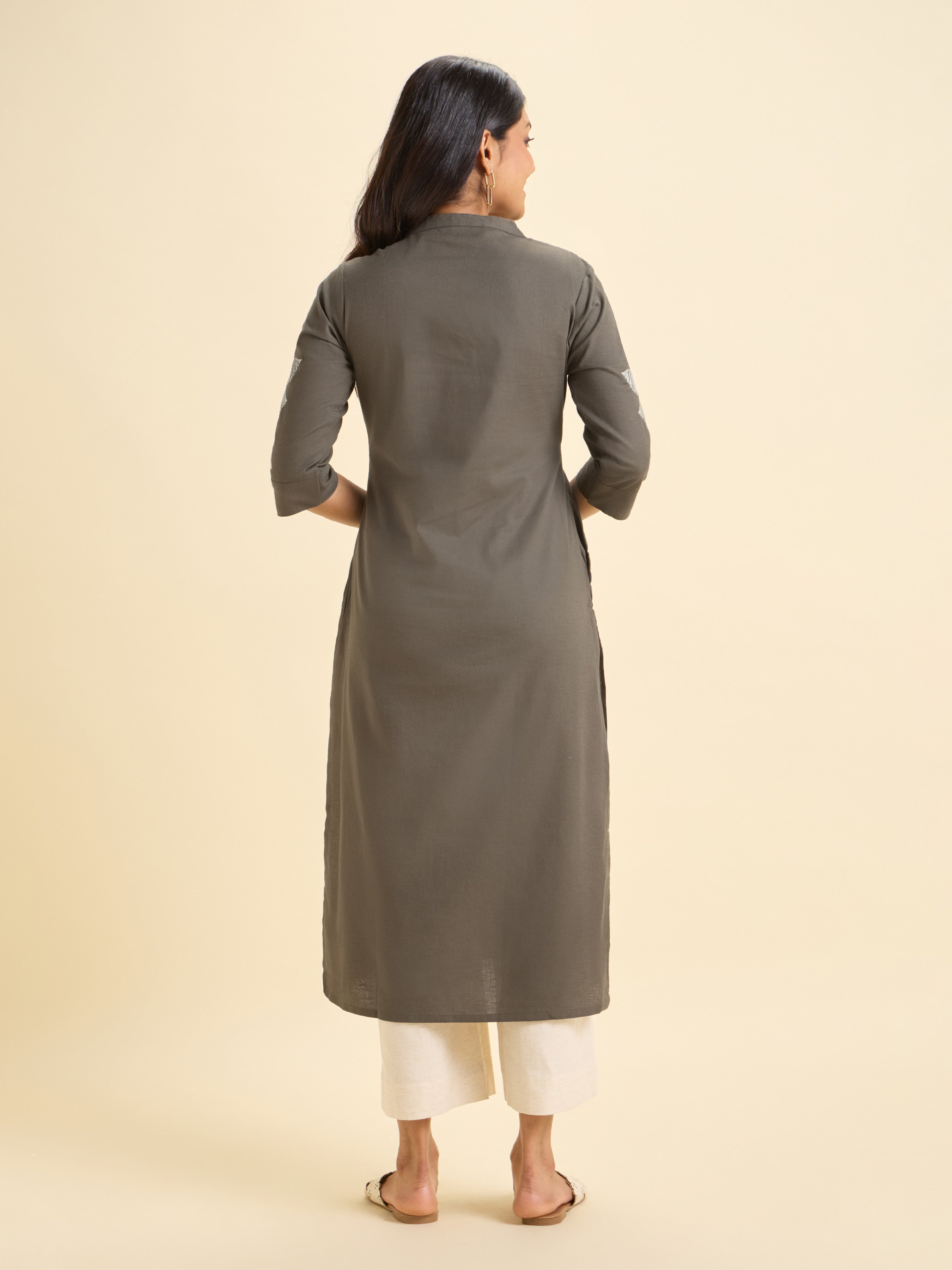 Dark Sage Green Cotton Flax Plain Slitted Kurti With Embroidery