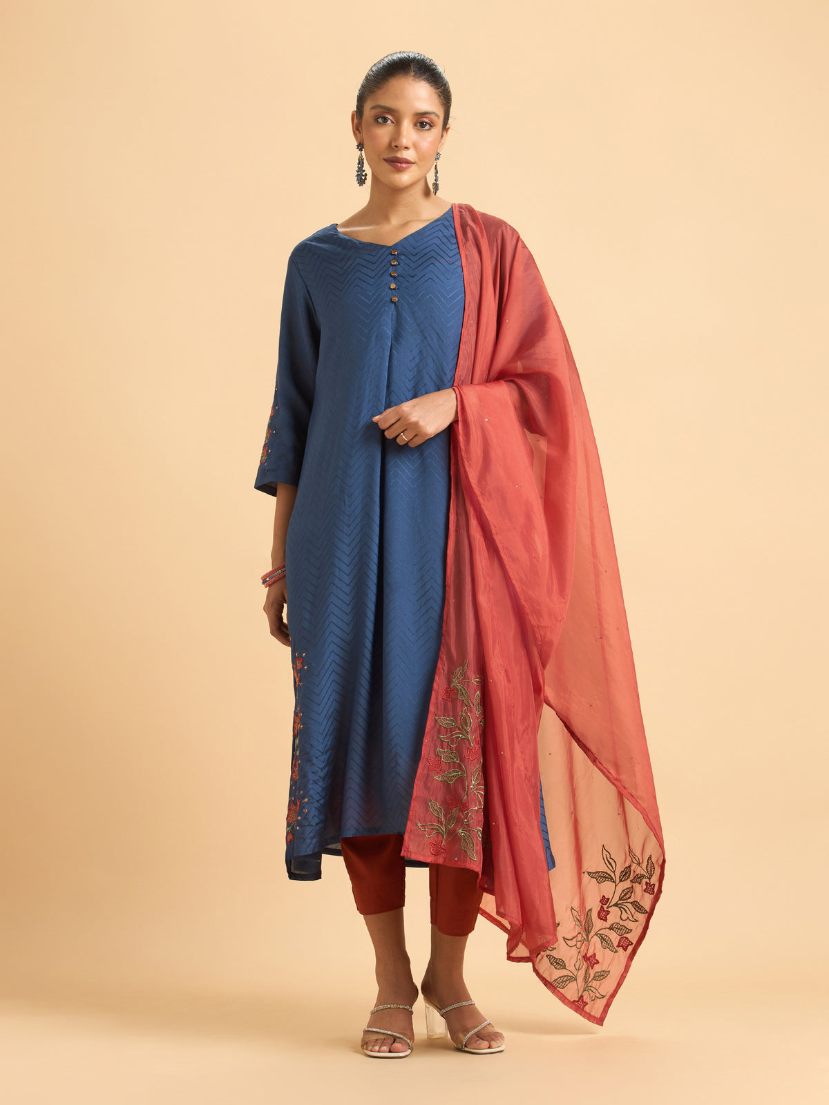 Denim Blue Viscose Jacquard Flared Kurti Set with Dupatta