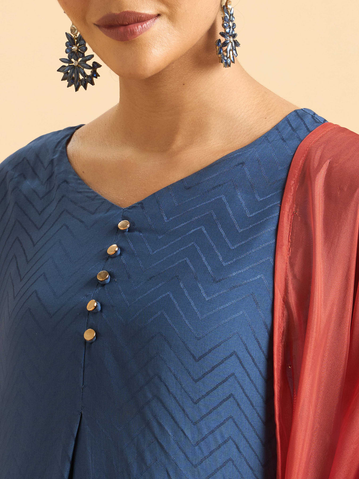 Denim Blue Viscose Jacquard Flared Kurti Set with Dupatta