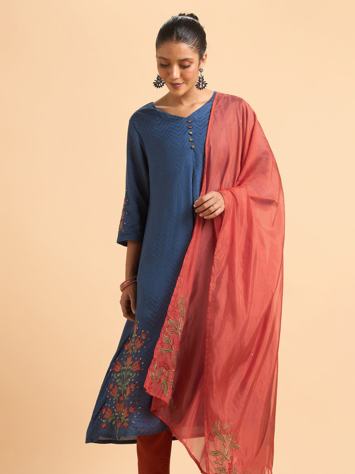 Denim Blue Viscose Jacquard Flared Kurti Set with Dupatta