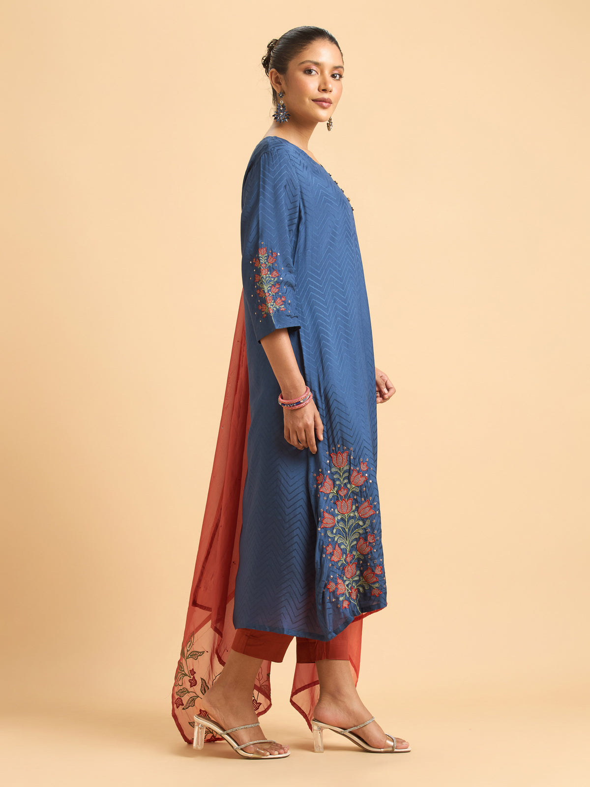 Denim Blue Viscose Jacquard Flared Kurti Set with Dupatta