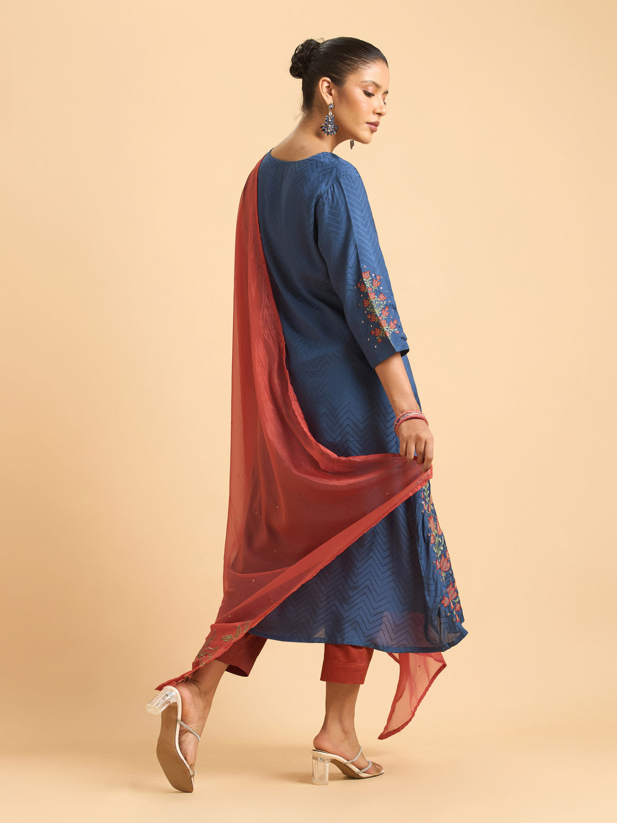 Denim Blue Viscose Jacquard Flared Kurti Set with Dupatta