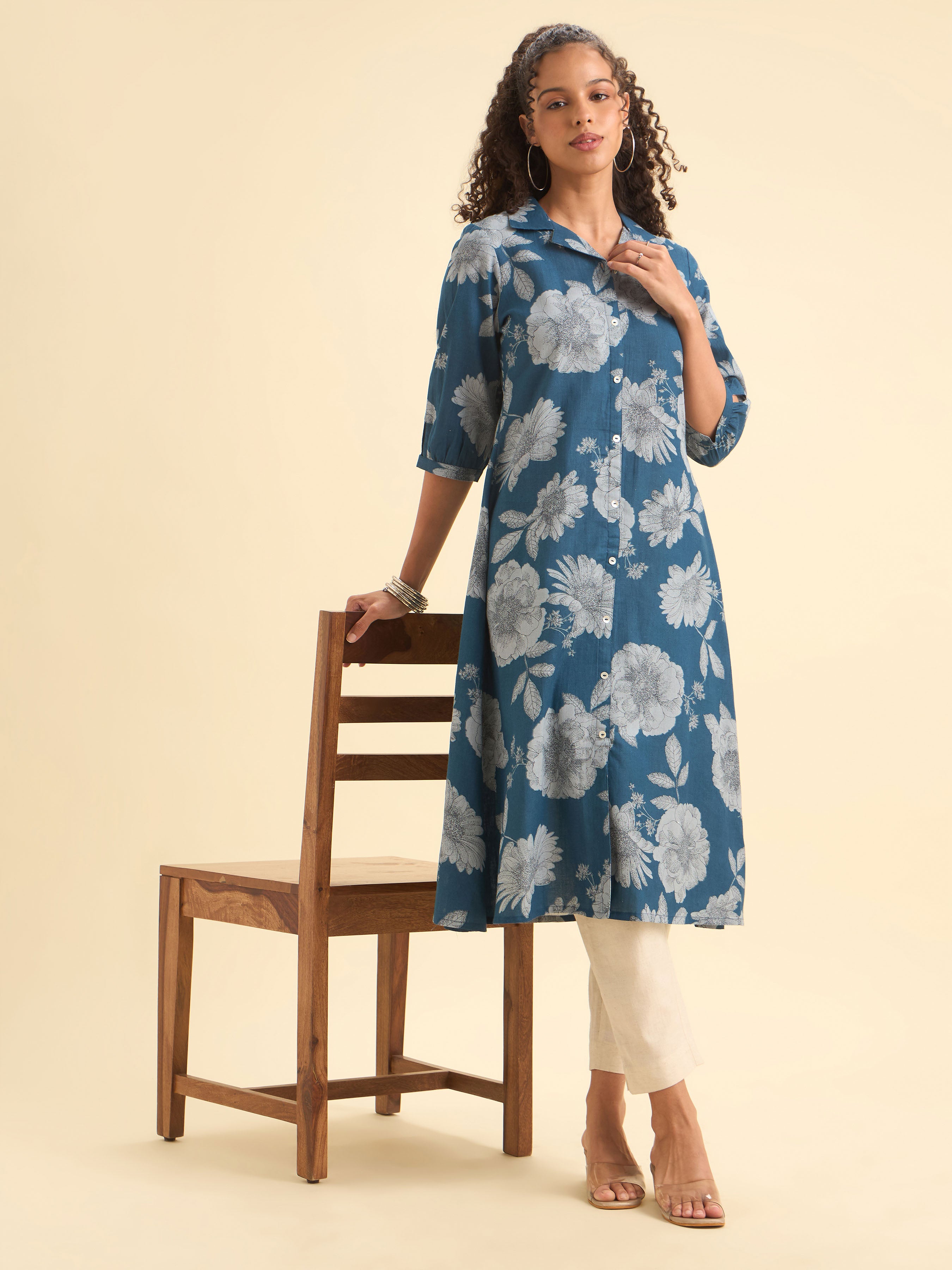 Denim Blue Cotton Flax Printed Kurti With Box Pleat Running Stitch Embroidery