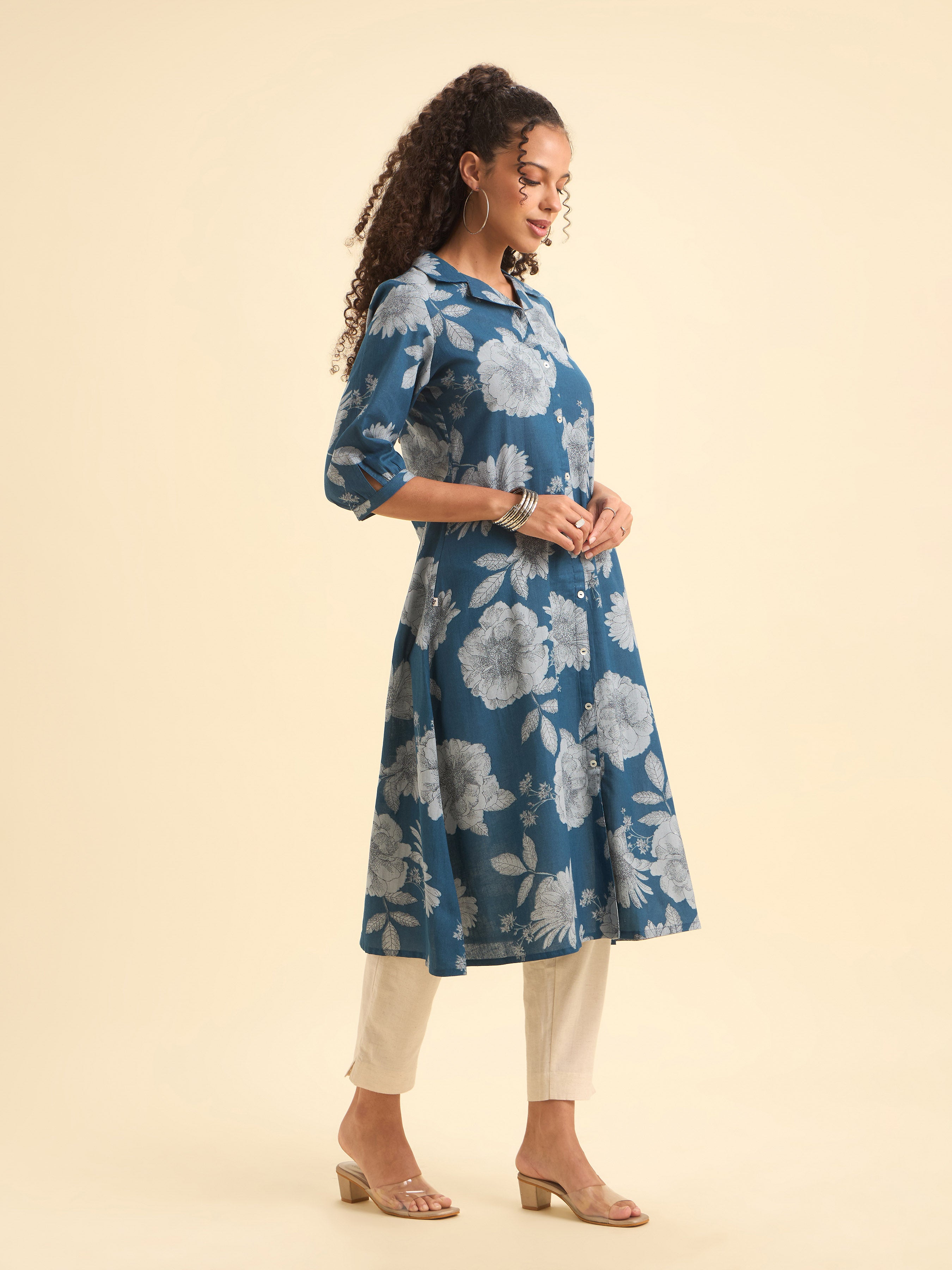 Denim Blue Cotton Flax Printed Kurti With Box Pleat Running Stitch Embroidery