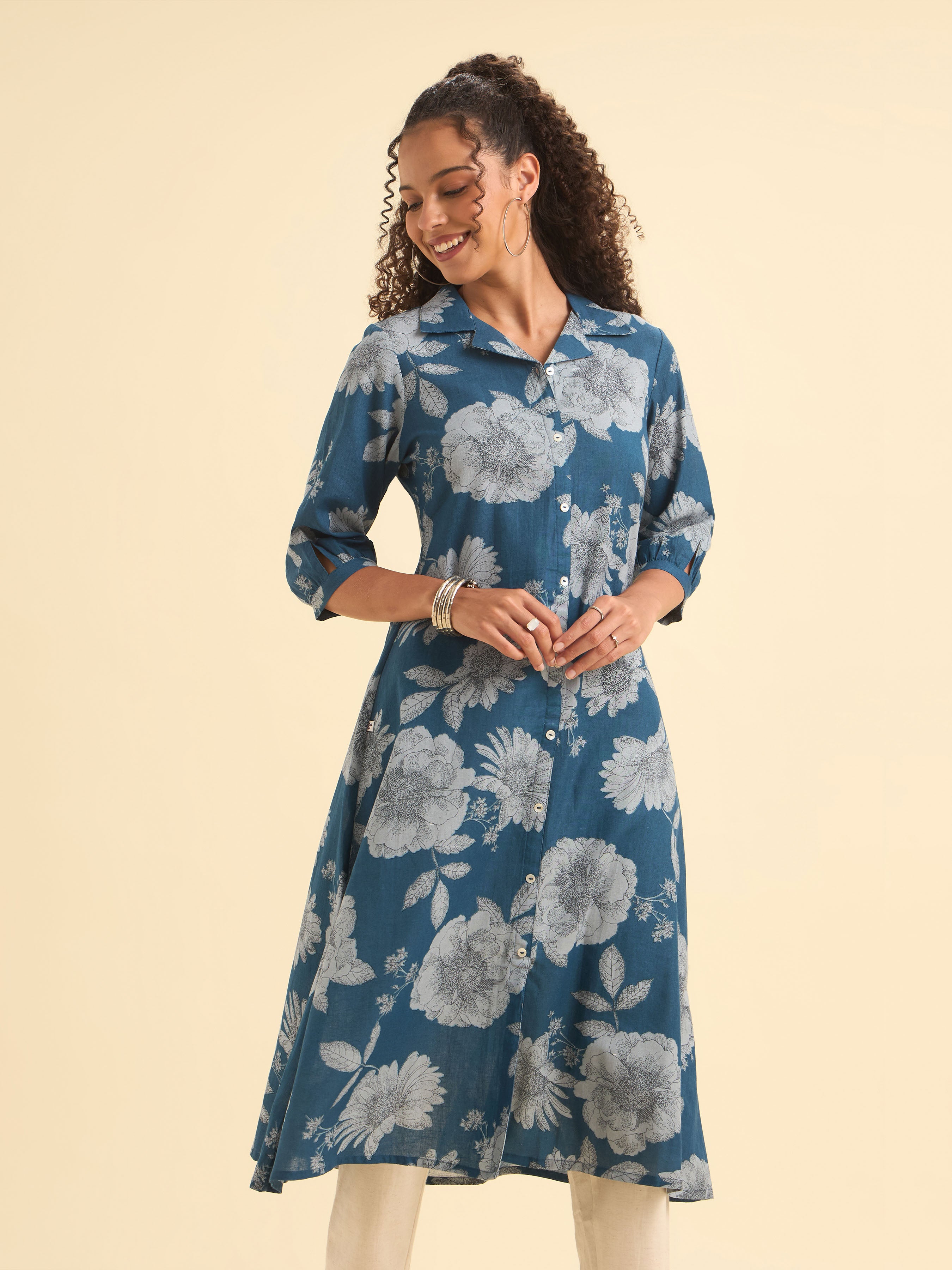 Denim Blue Cotton Flax Printed Kurti With Box Pleat Running Stitch Embroidery