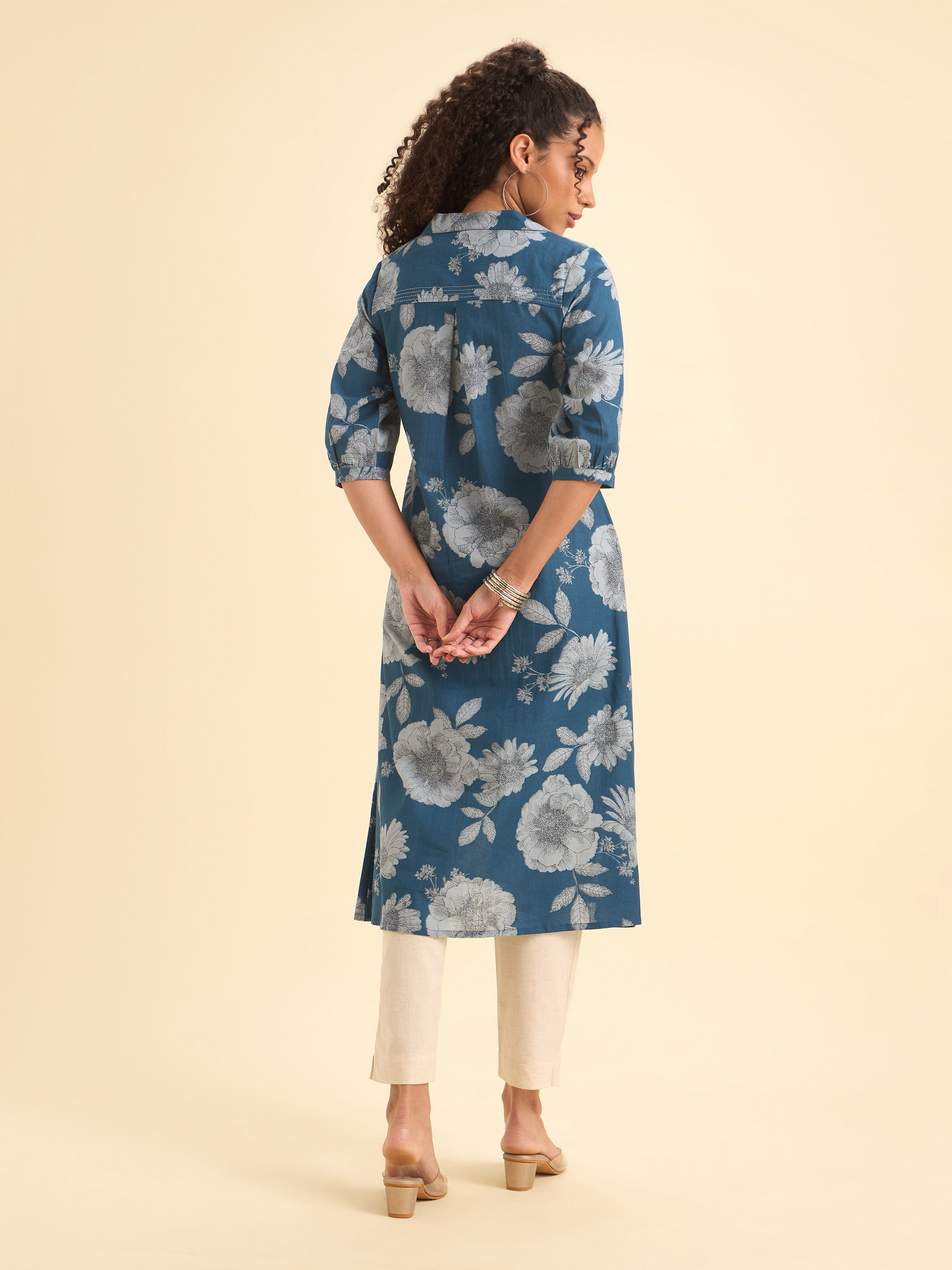Denim Blue Cotton Flax Printed Kurti With Box Pleat Running Stitch Embroidery