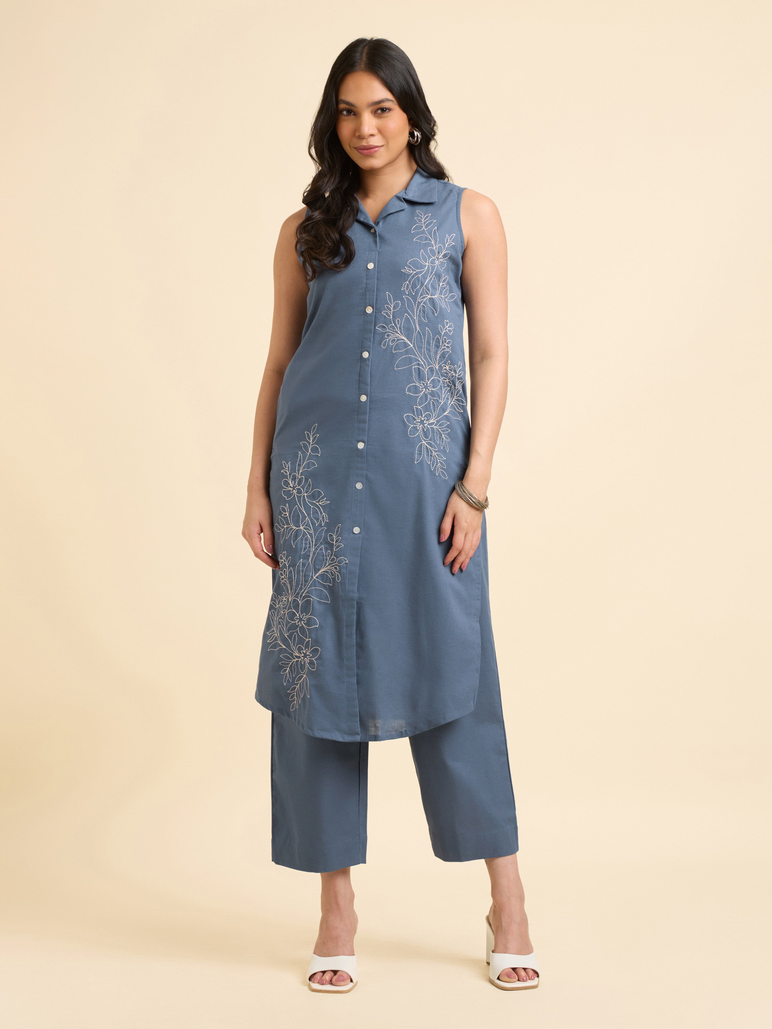 Denim Blue Cotton Flax Slub Plain Slitted Sleeveless Kurti With Bottom And Embroidery