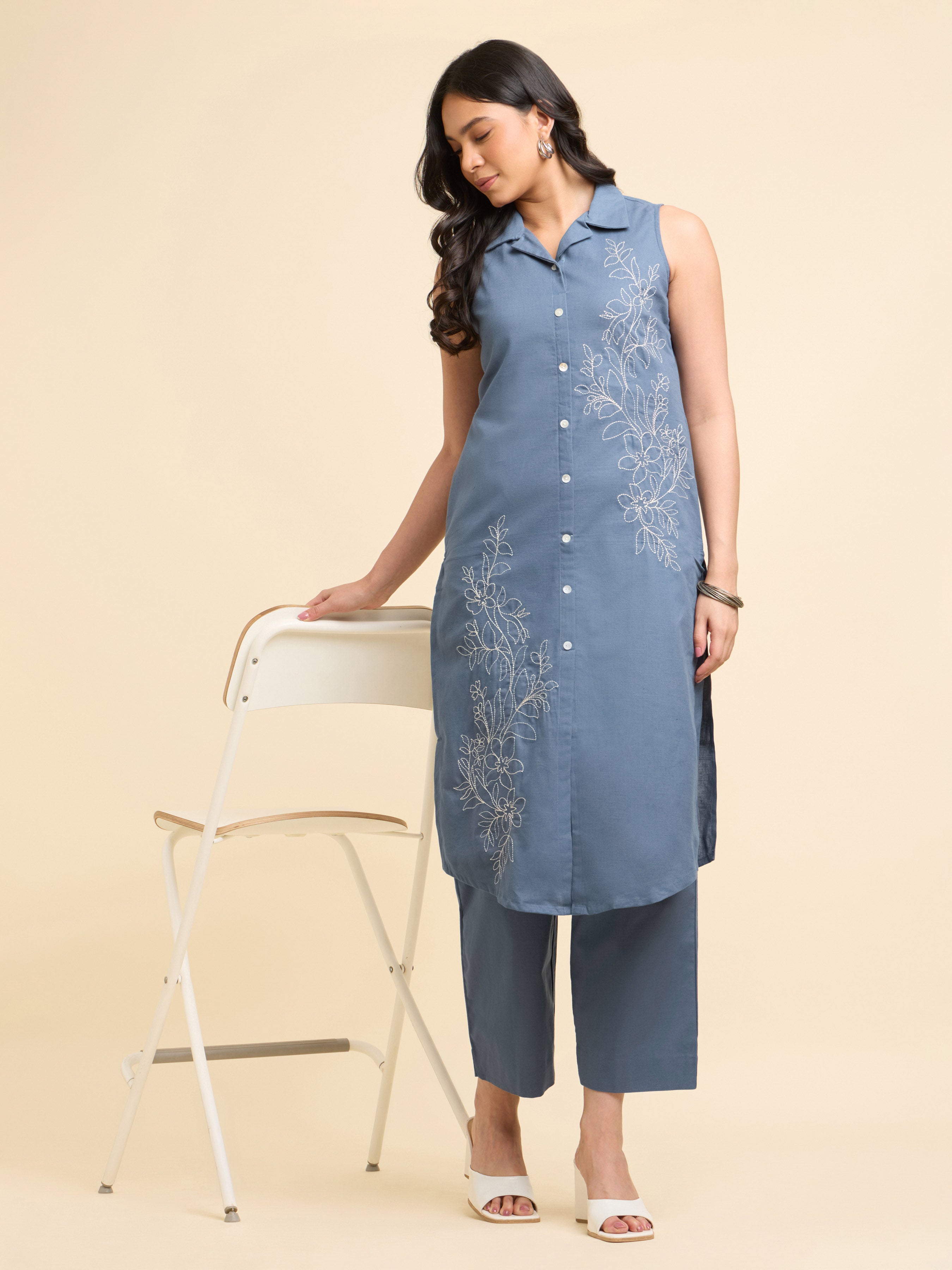 Denim Blue Cotton Flax Slub Plain Slitted Sleeveless Kurti With Bottom And Embroidery