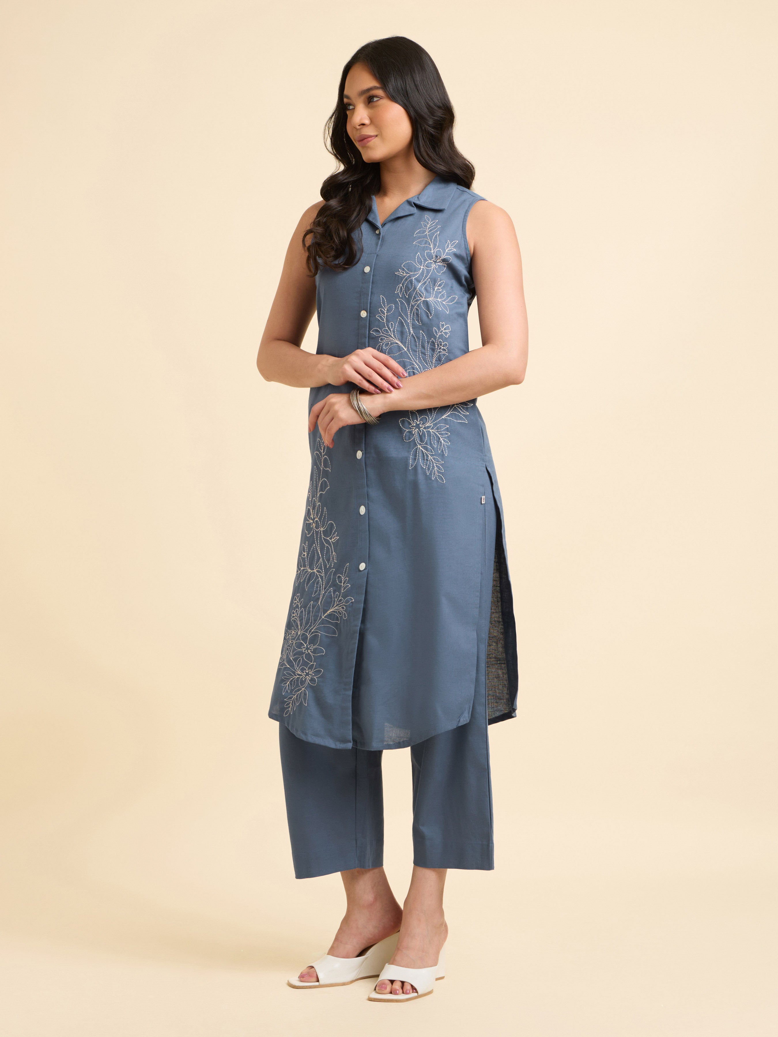Denim Blue Cotton Flax Slub Plain Slitted Sleeveless Kurti With Bottom And Embroidery