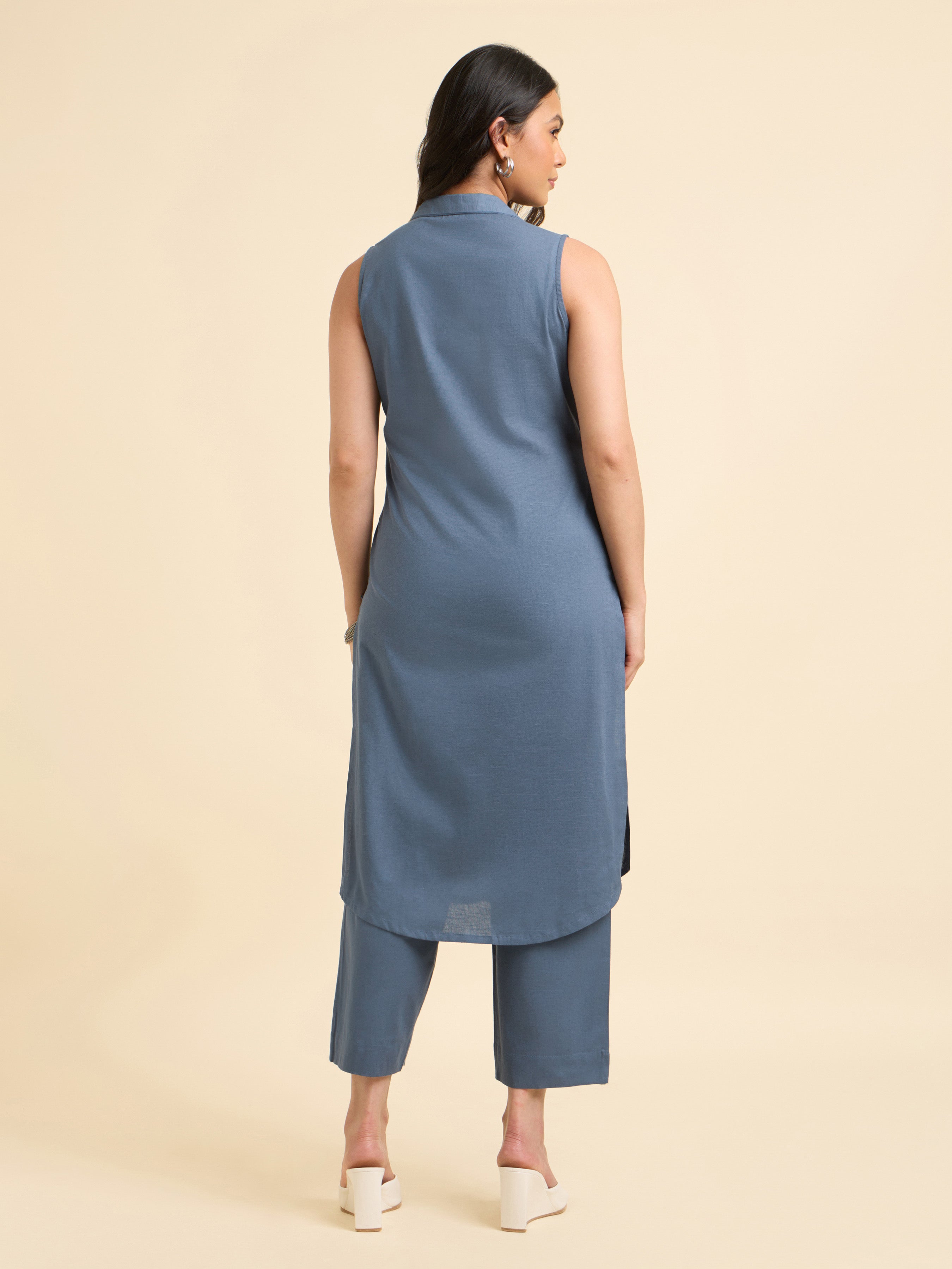 Denim Blue Cotton Flax Slub Plain Slitted Sleeveless Kurti With Bottom And Embroidery