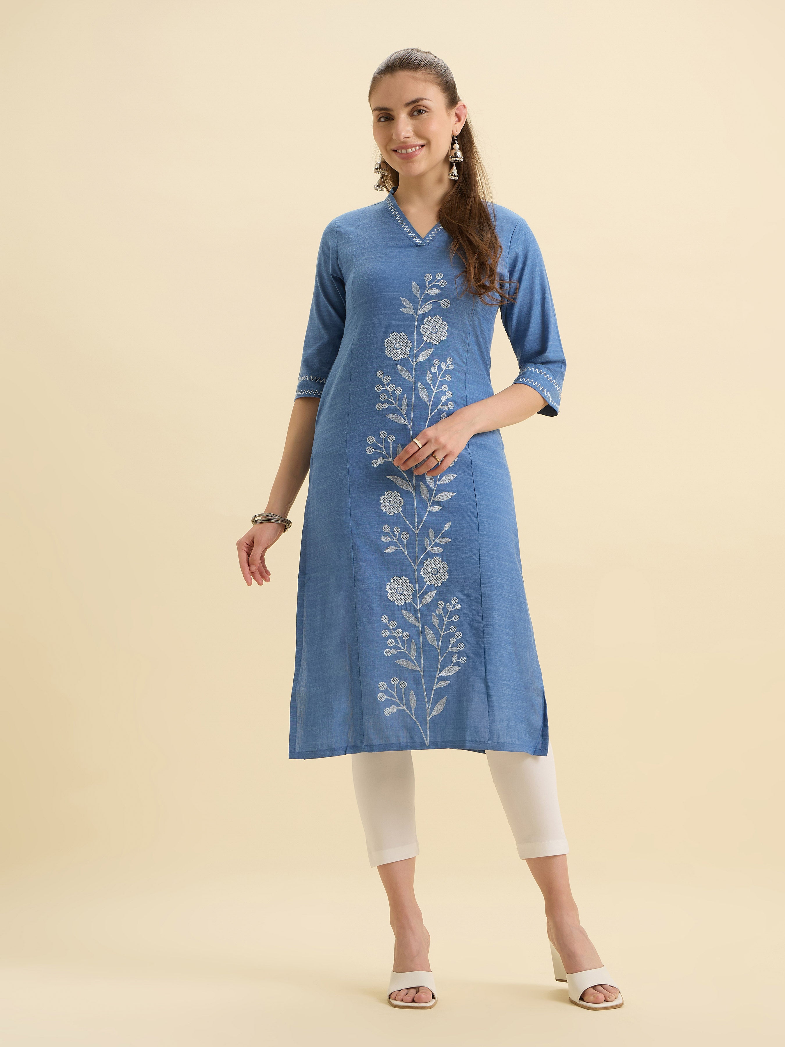 Denim Blue Cotton Viscose Slit Kurti With Embroidery