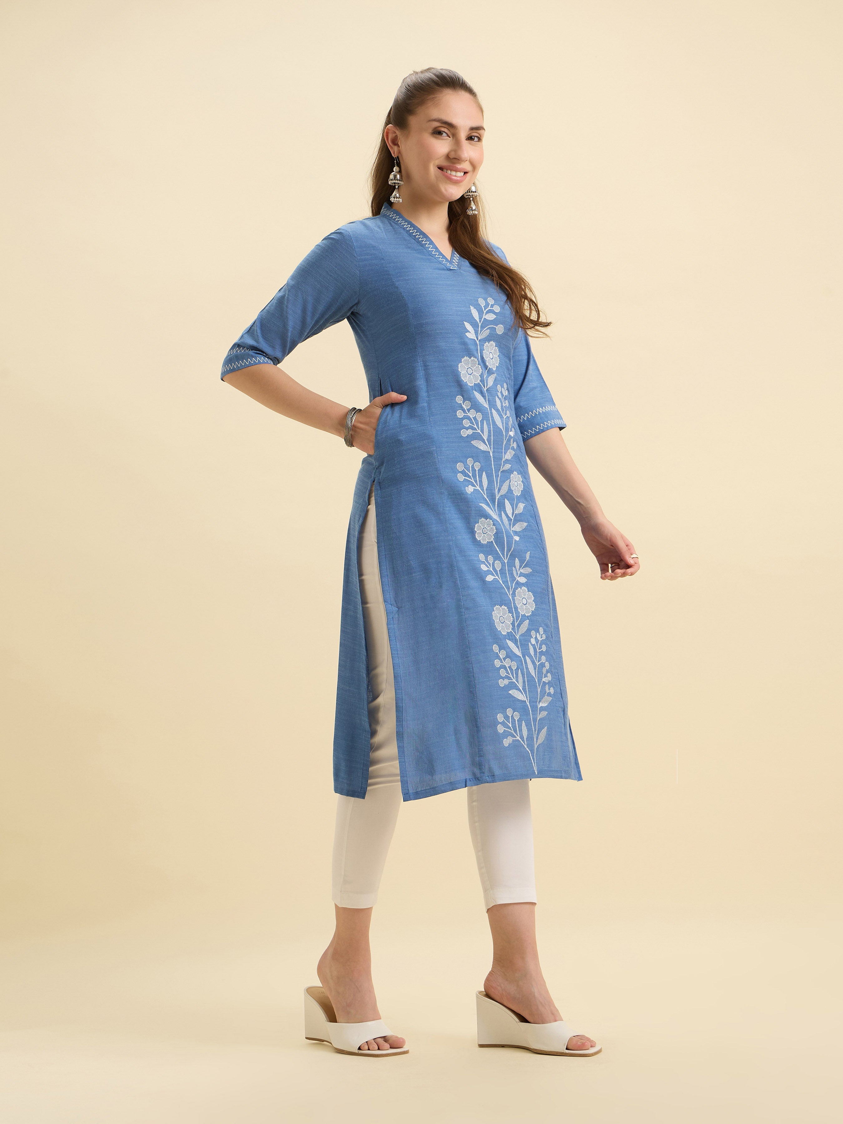 Denim Blue Cotton Viscose Slit Kurti With Embroidery