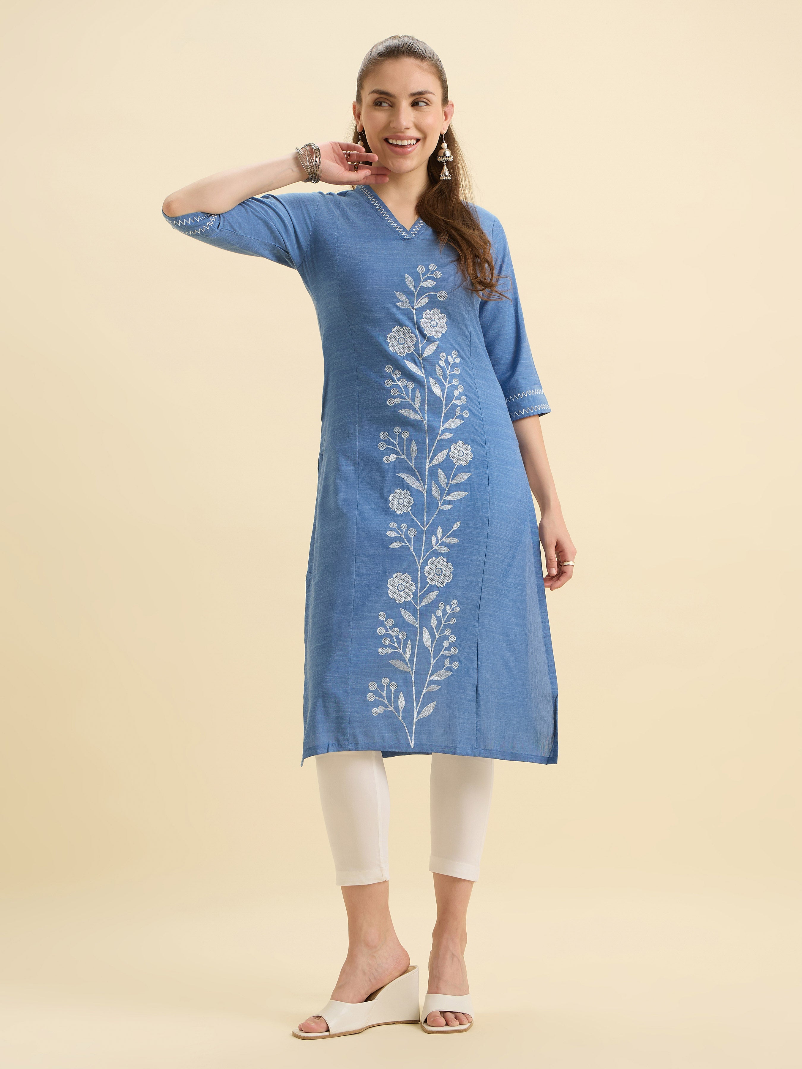 Denim Blue Cotton Viscose Slit Kurti With Embroidery
