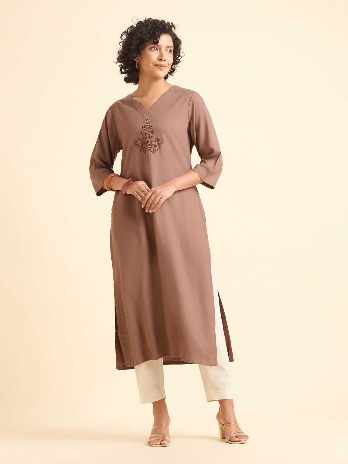 Dusty Brown Viscose Plain Slitted Kurti