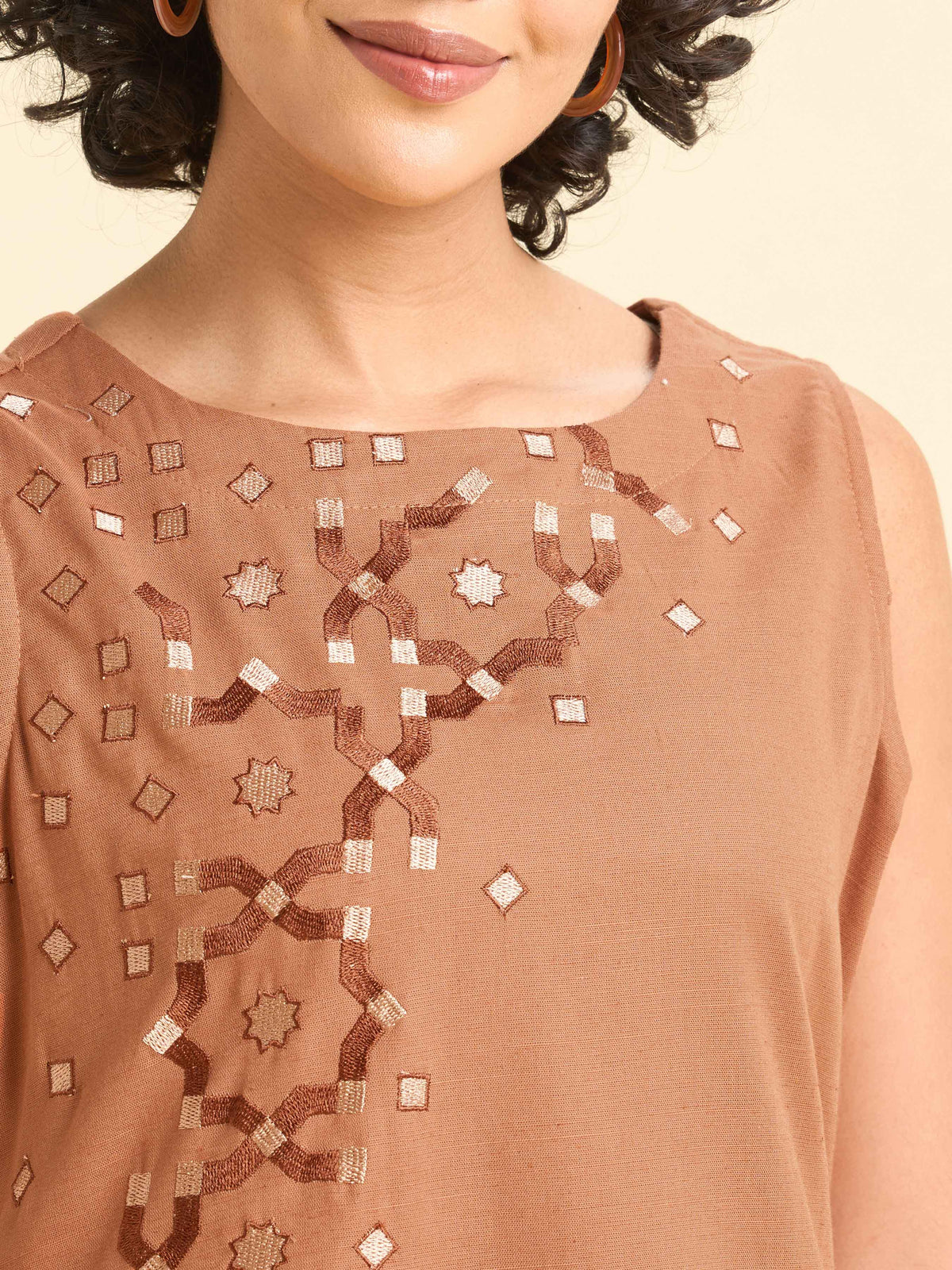 Dusty Orange Cotton Flax Slub Plain Flared Kurti With Embroidery