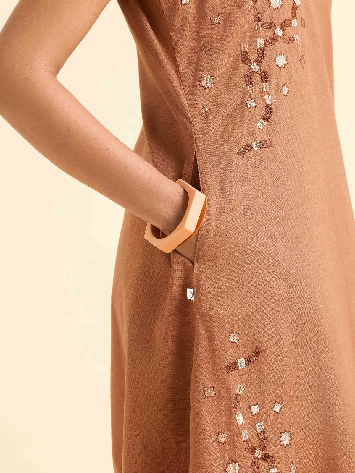 Dusty Orange Cotton Flax Slub Plain Flared Kurti With Embroidery