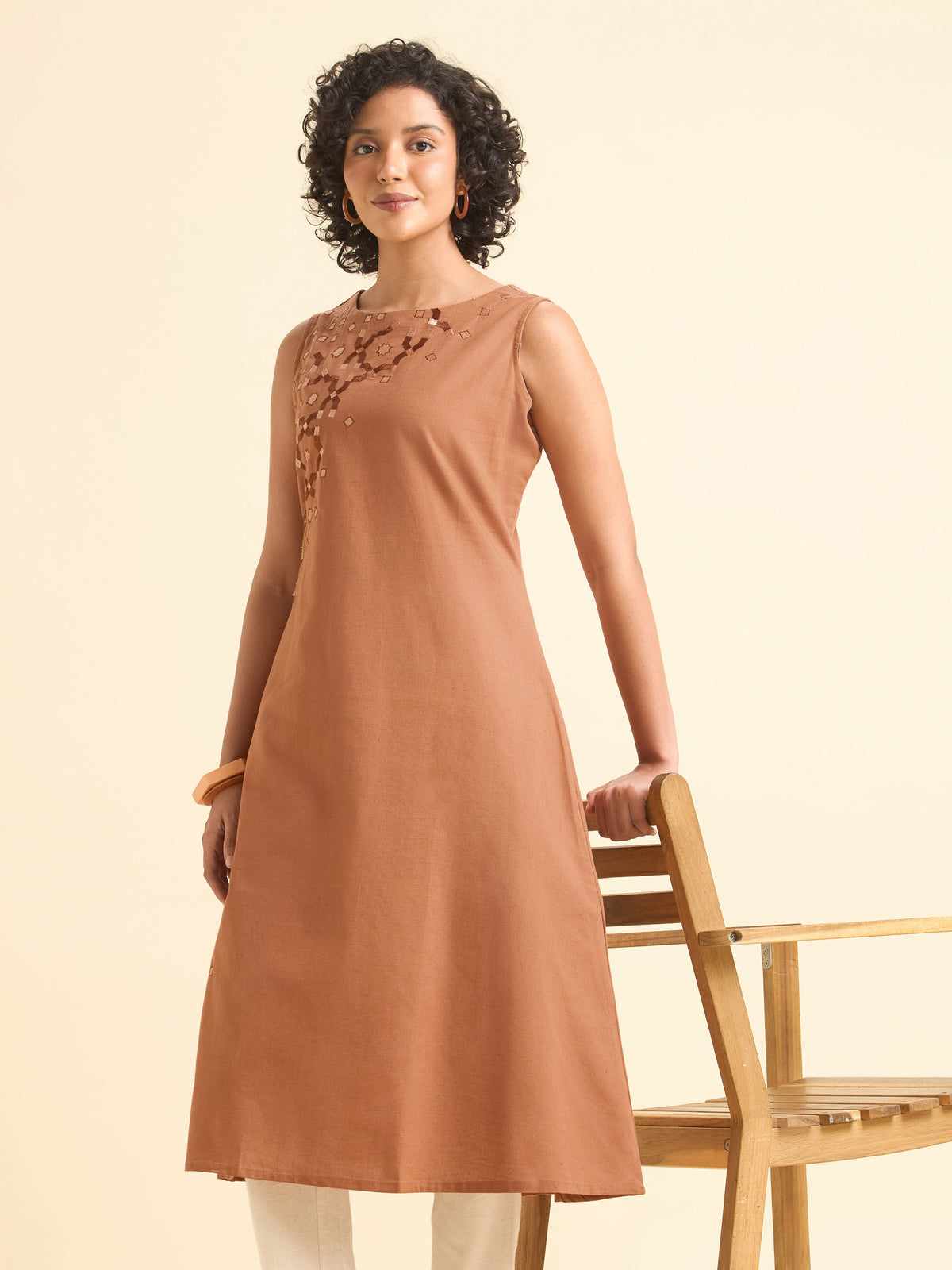 Dusty Orange Cotton Flax Slub Plain Flared Kurti With Embroidery