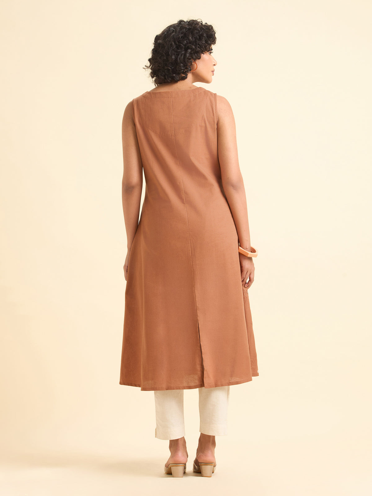 Dusty Orange Cotton Flax Slub Plain Flared Kurti With Embroidery