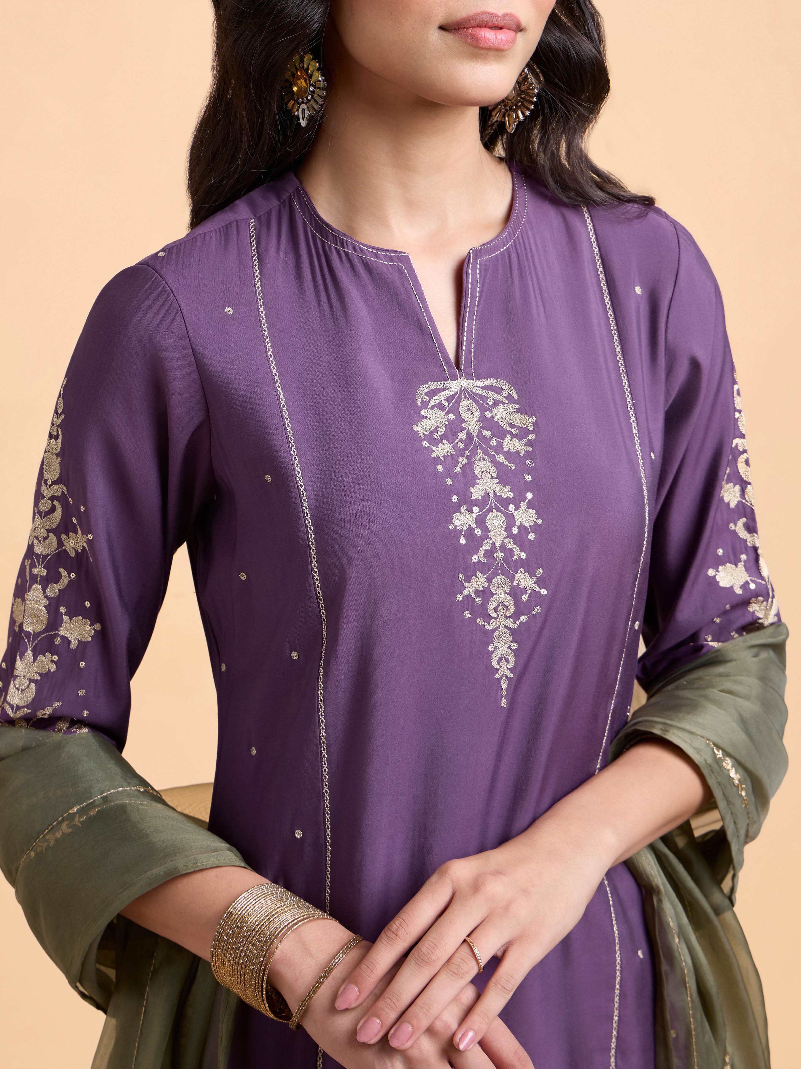 Dusty Purple Colour Poly Viscose Plain Slitted Kurti Set With Embroidery And Sequins Work