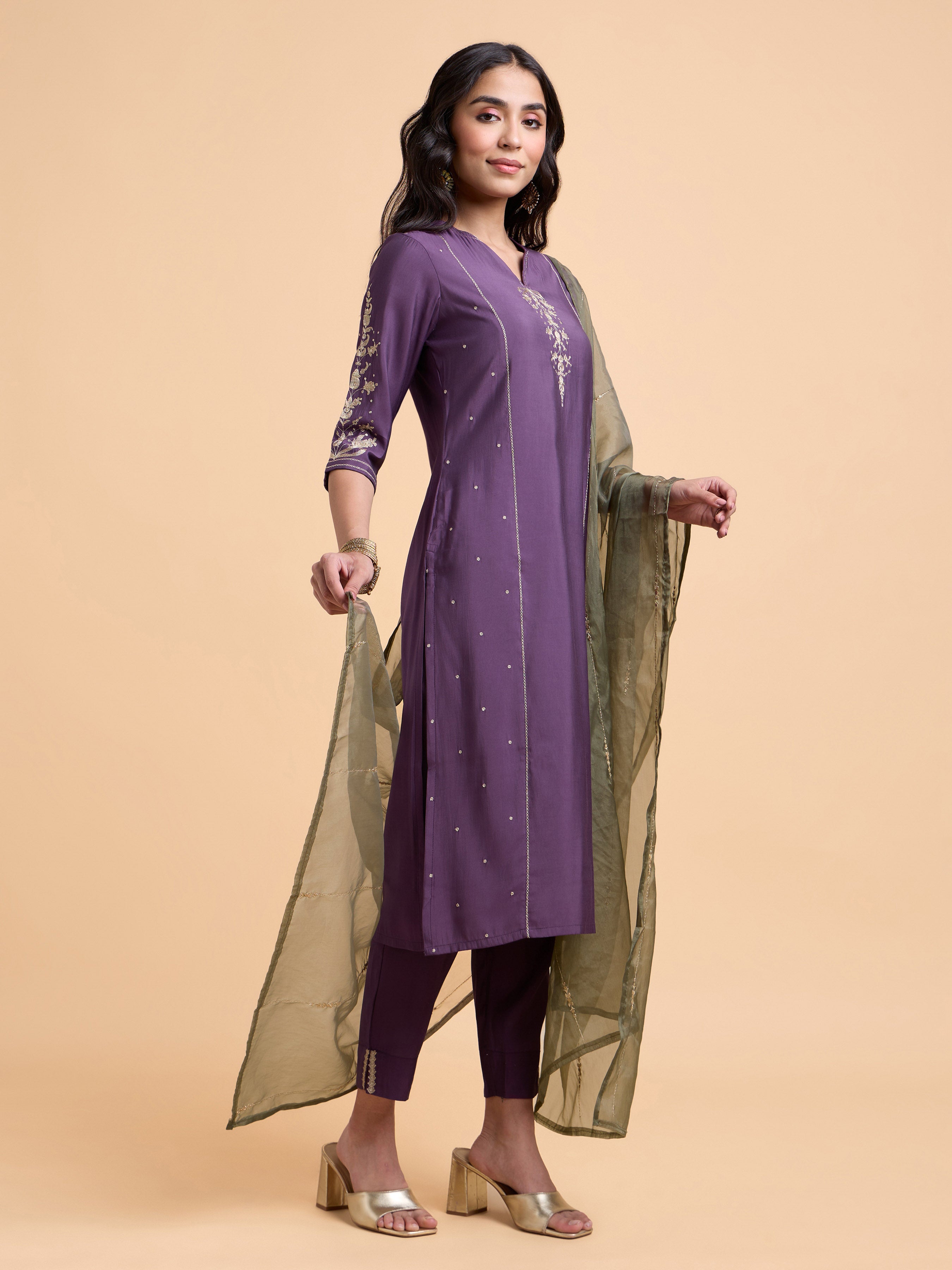 Dusty Purple Colour Poly Viscose Plain Slitted Kurti Set With Embroidery And Sequins Work