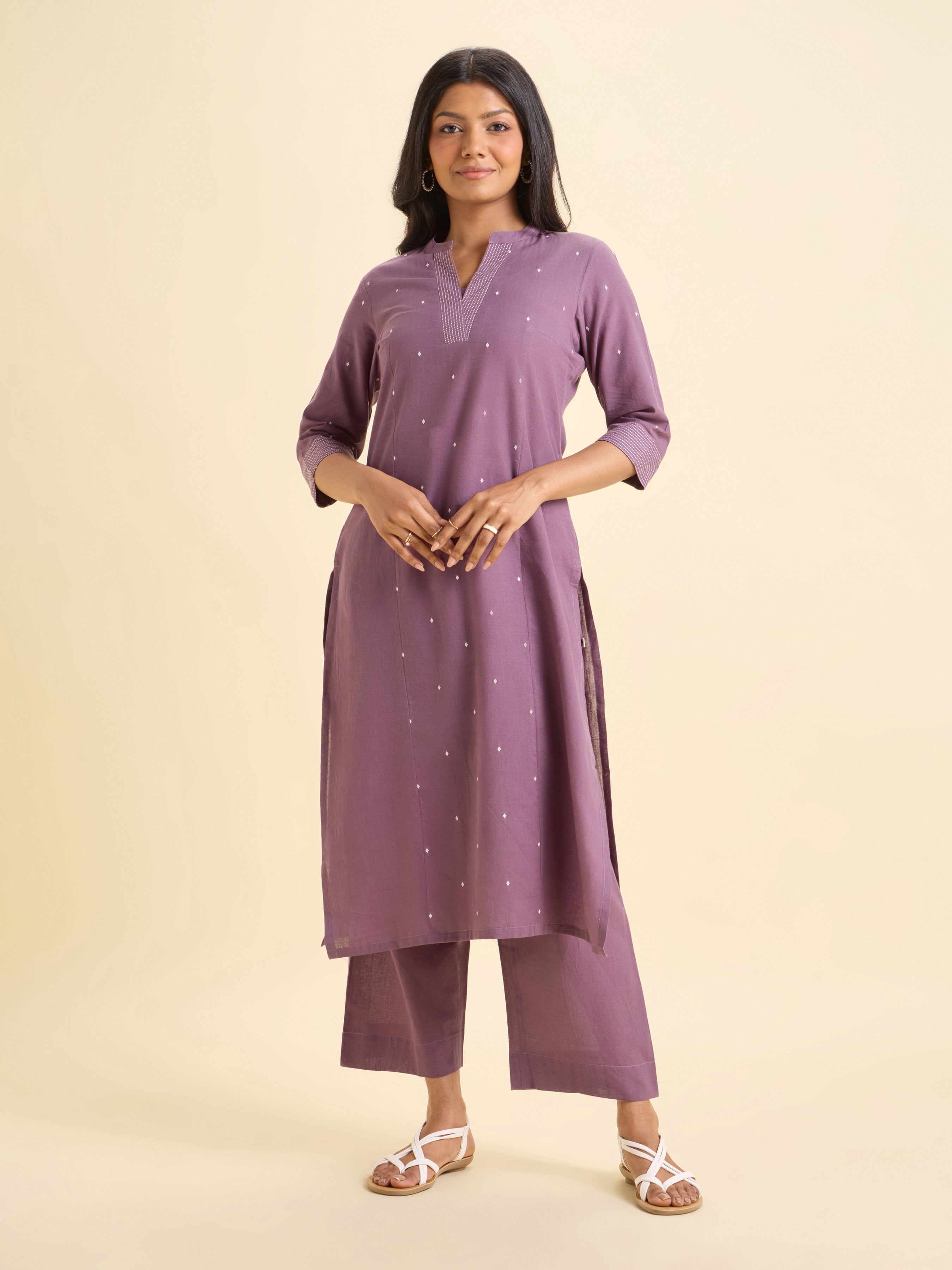 Dusty Purple Cotton Dobby Plain Slitted Kurti And Bottom