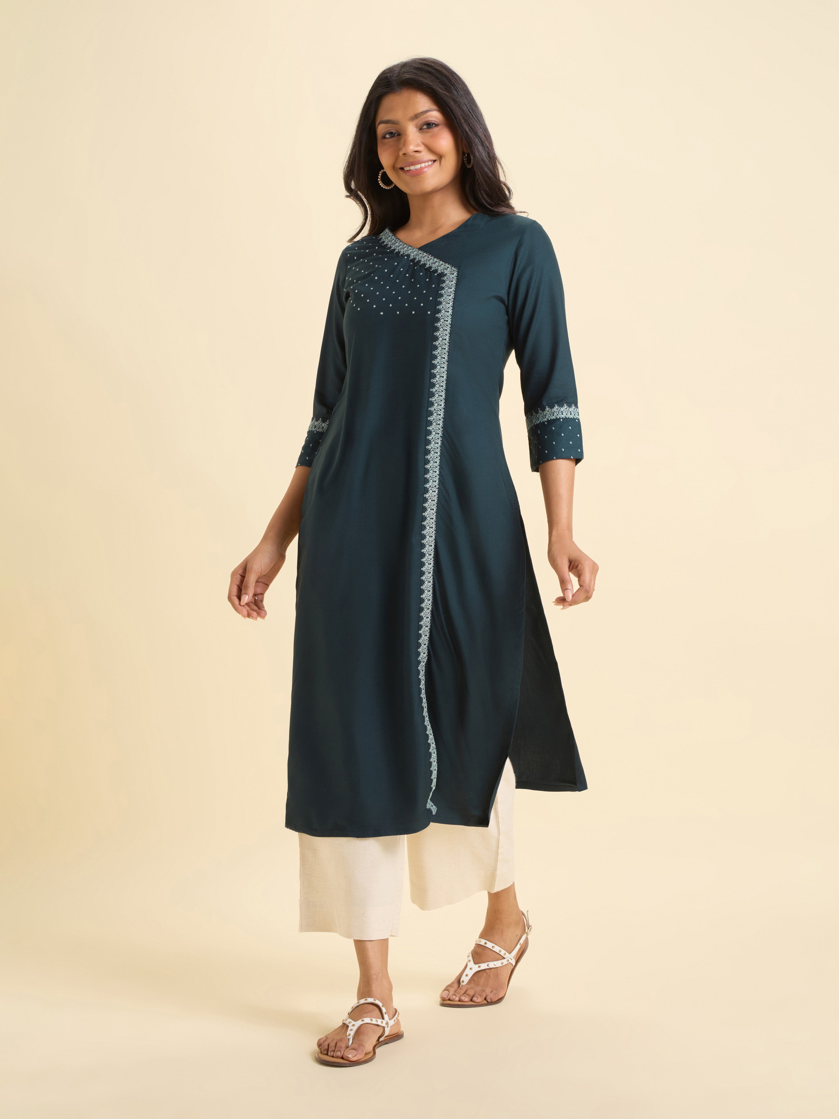 Teal Green Colour Viscose Plain Slitted Kurti With Embroidery