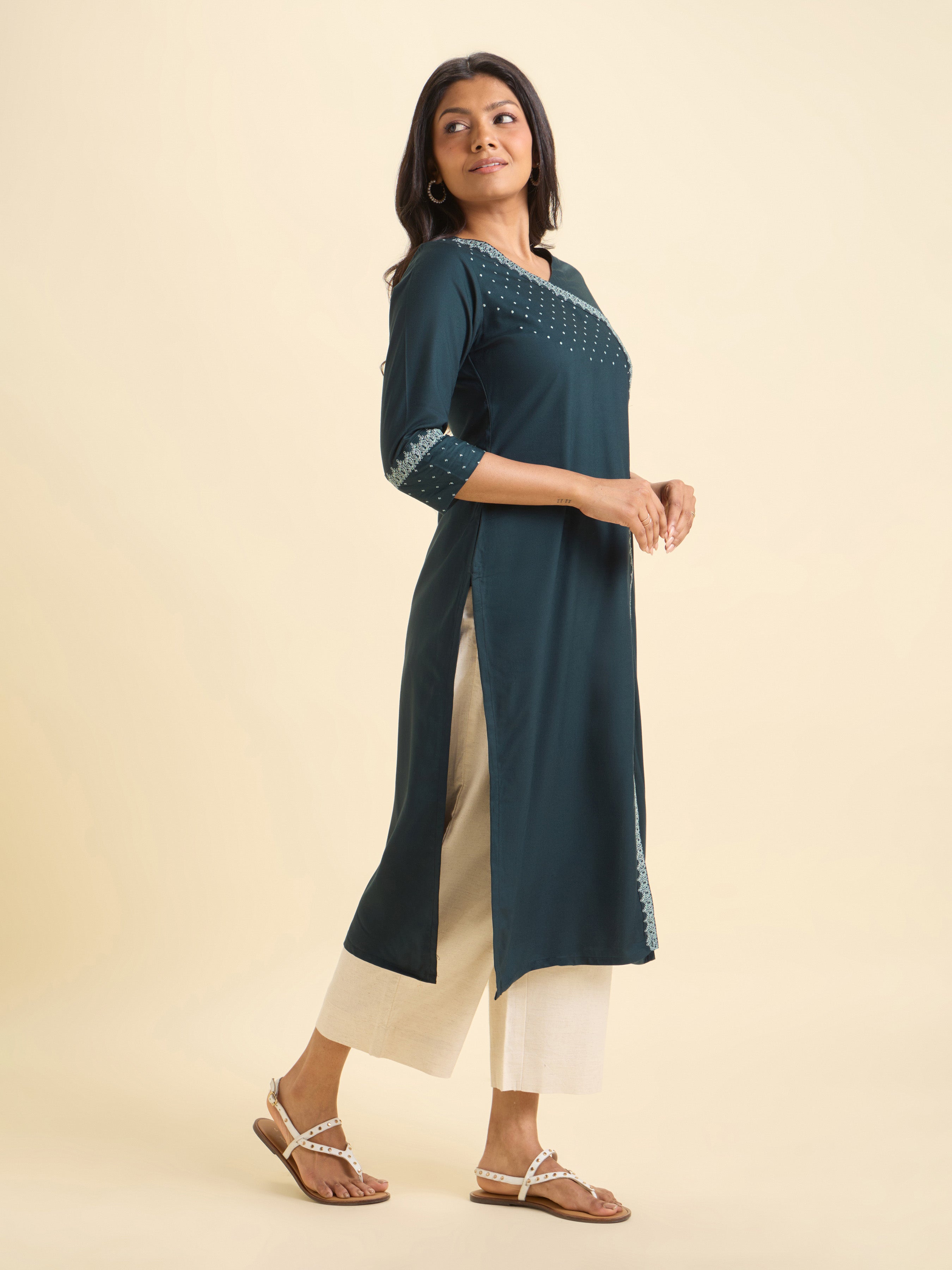 Teal Green Colour Viscose Plain Slitted Kurti With Embroidery