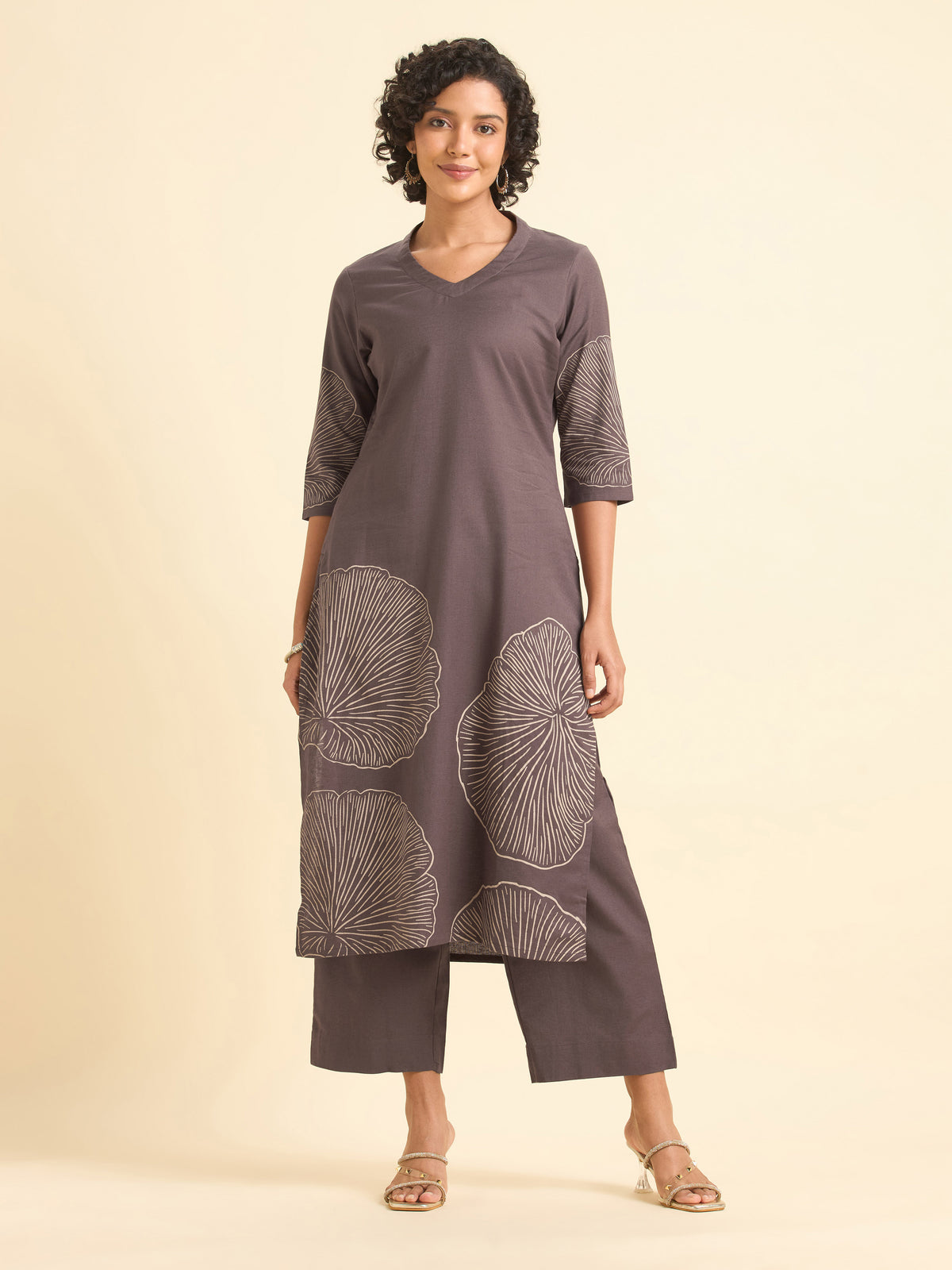 Dusty Purple Cotton Flax Plain Kurti Set With Placement Print