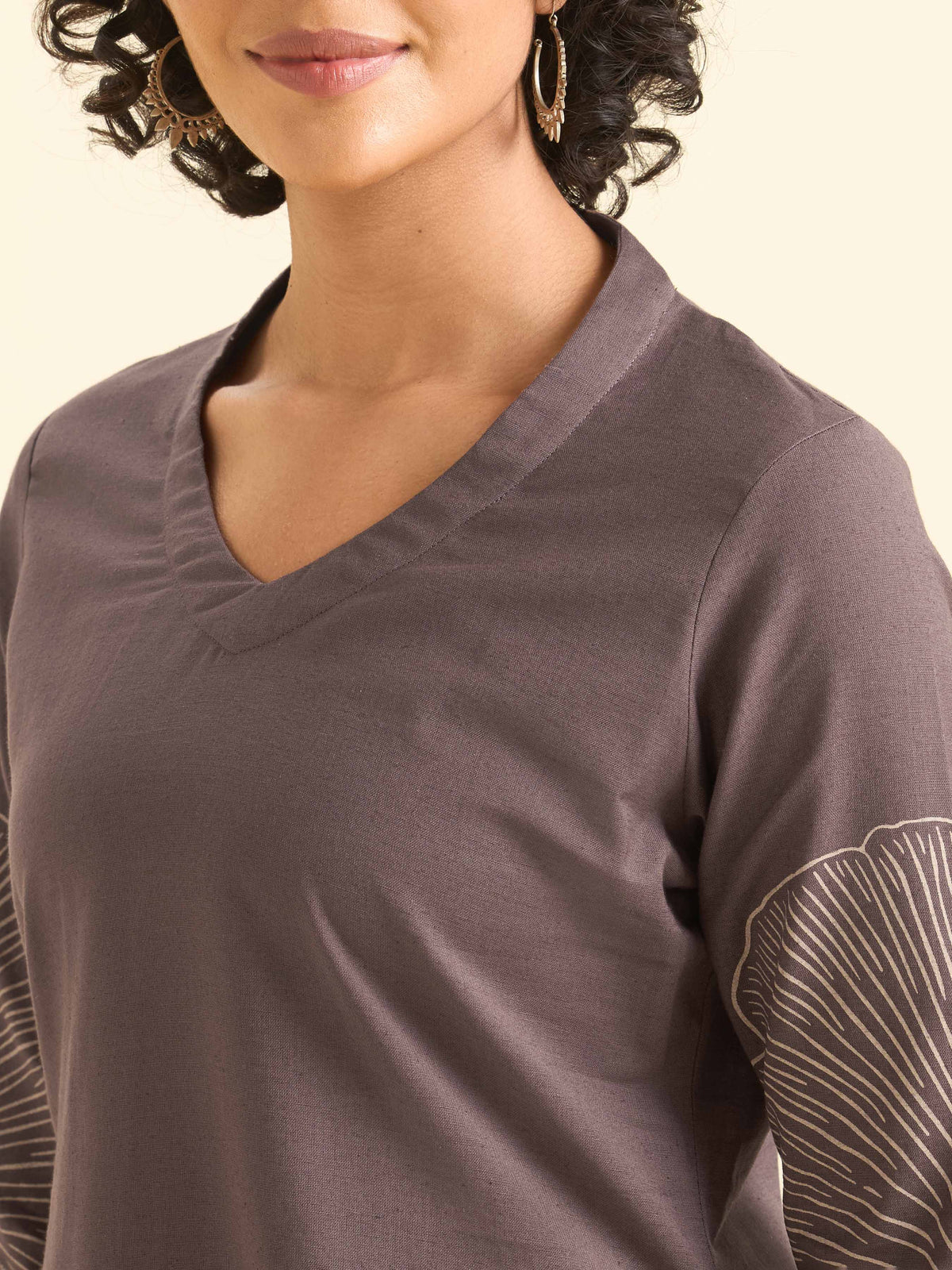 Dusty Purple Cotton Flax Plain Kurti Set With Placement Print
