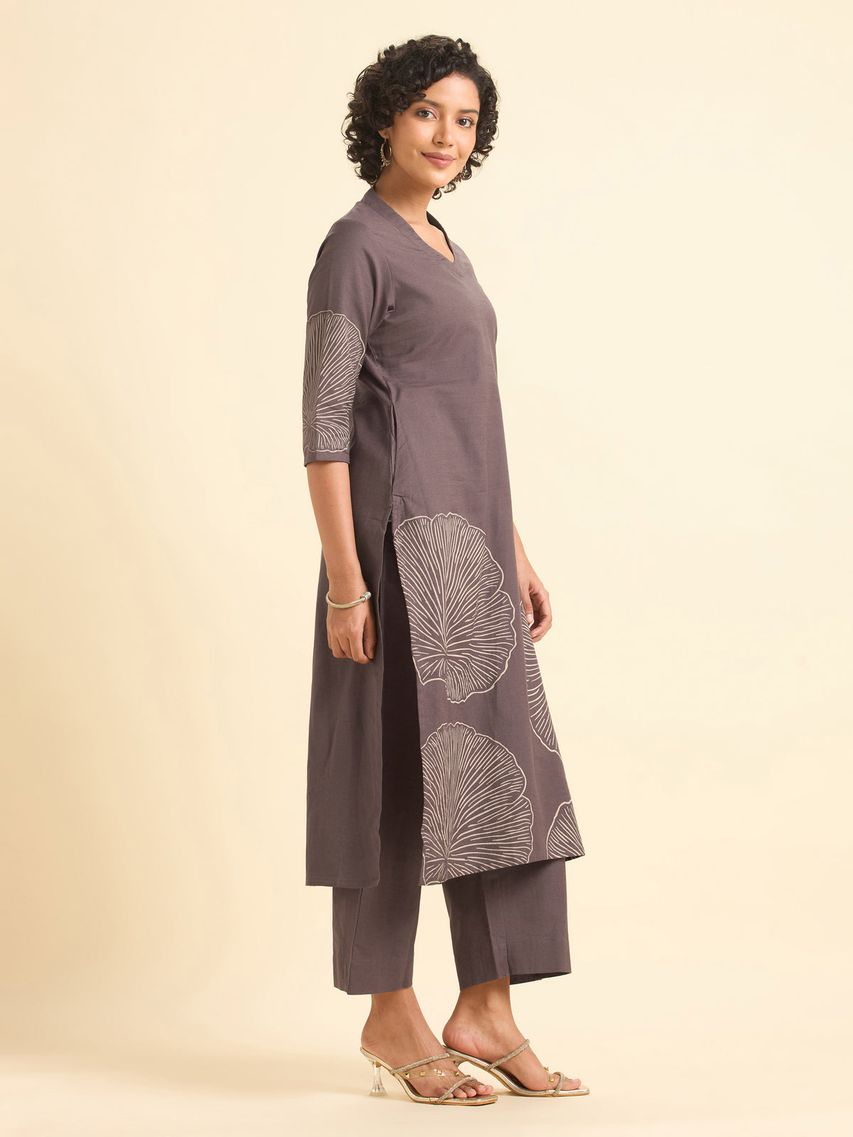 Dusty Purple Cotton Flax Plain Kurti Set With Placement Print