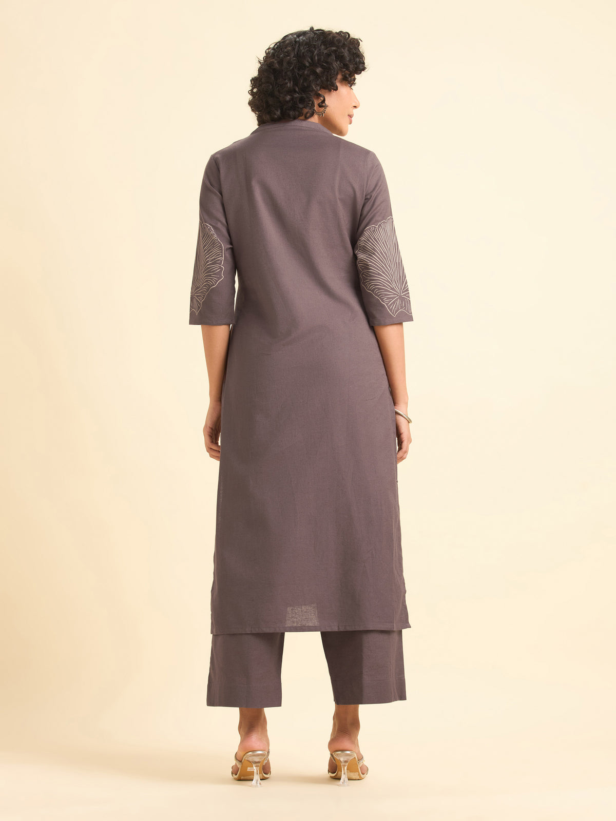 Dusty Purple Cotton Flax Plain Kurti Set With Placement Print