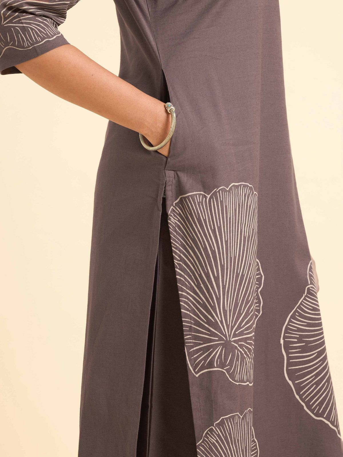 Dusty Purple Cotton Flax Plain Kurti Set With Placement Print