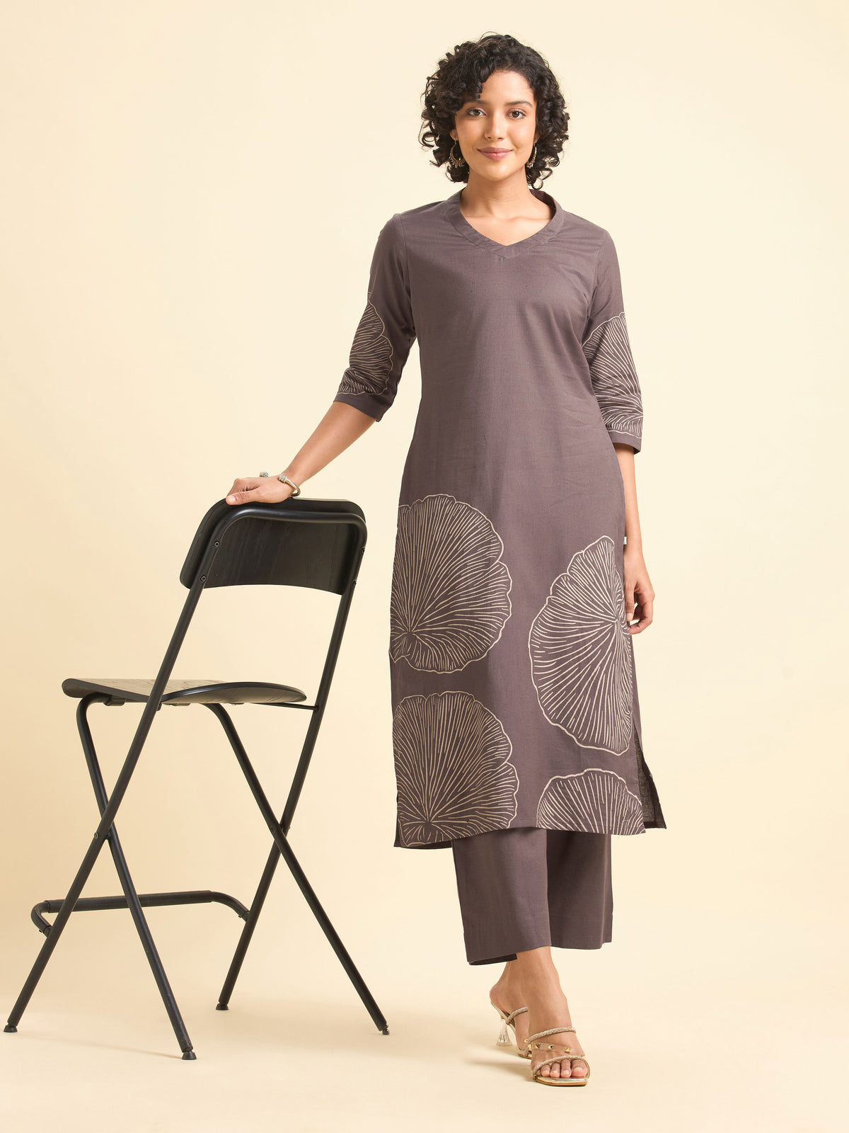 Dusty Purple Cotton Flax Plain Kurti Set With Placement Print