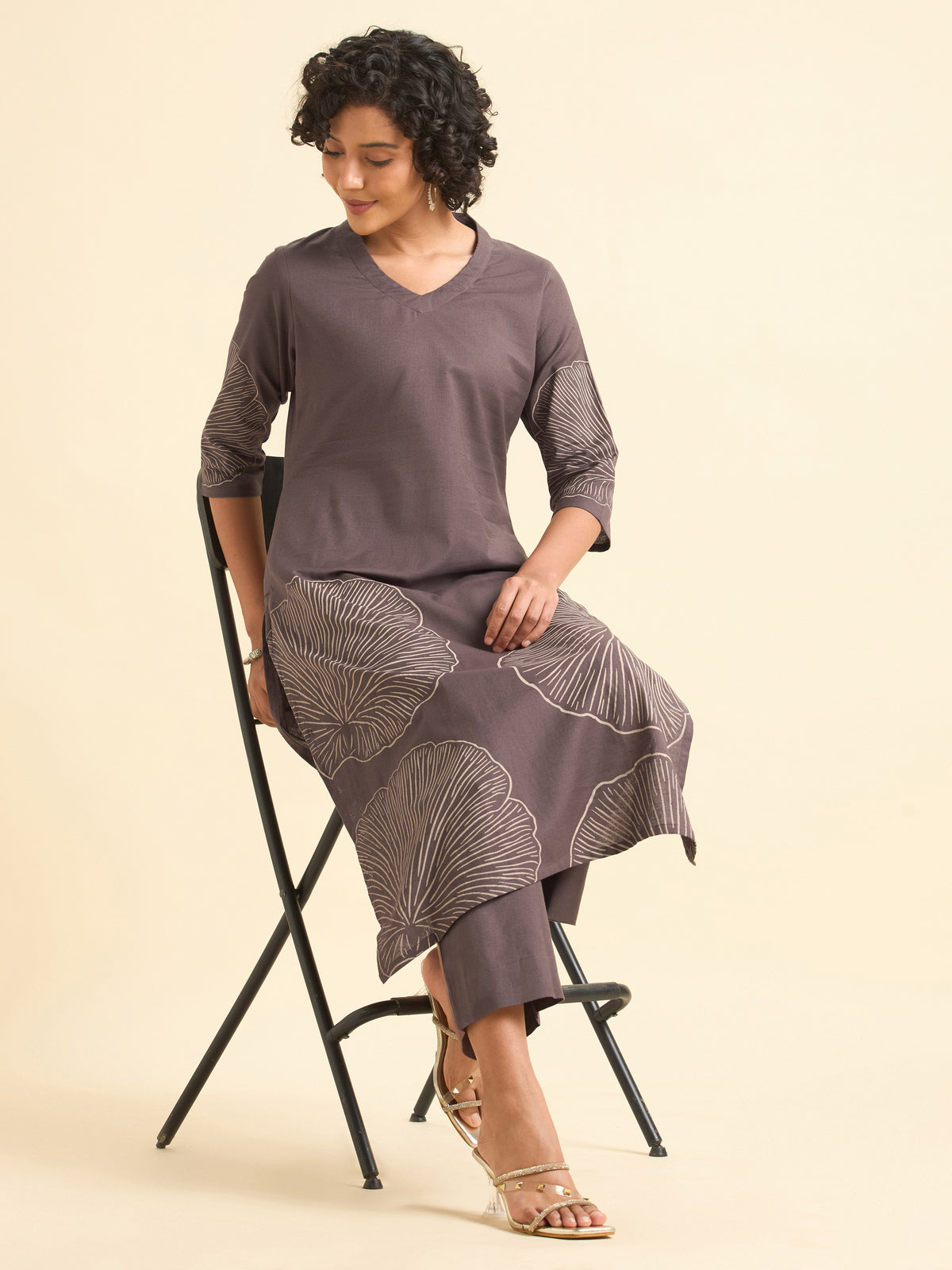 Dusty Purple Cotton Flax Plain Kurti Set With Placement Print
