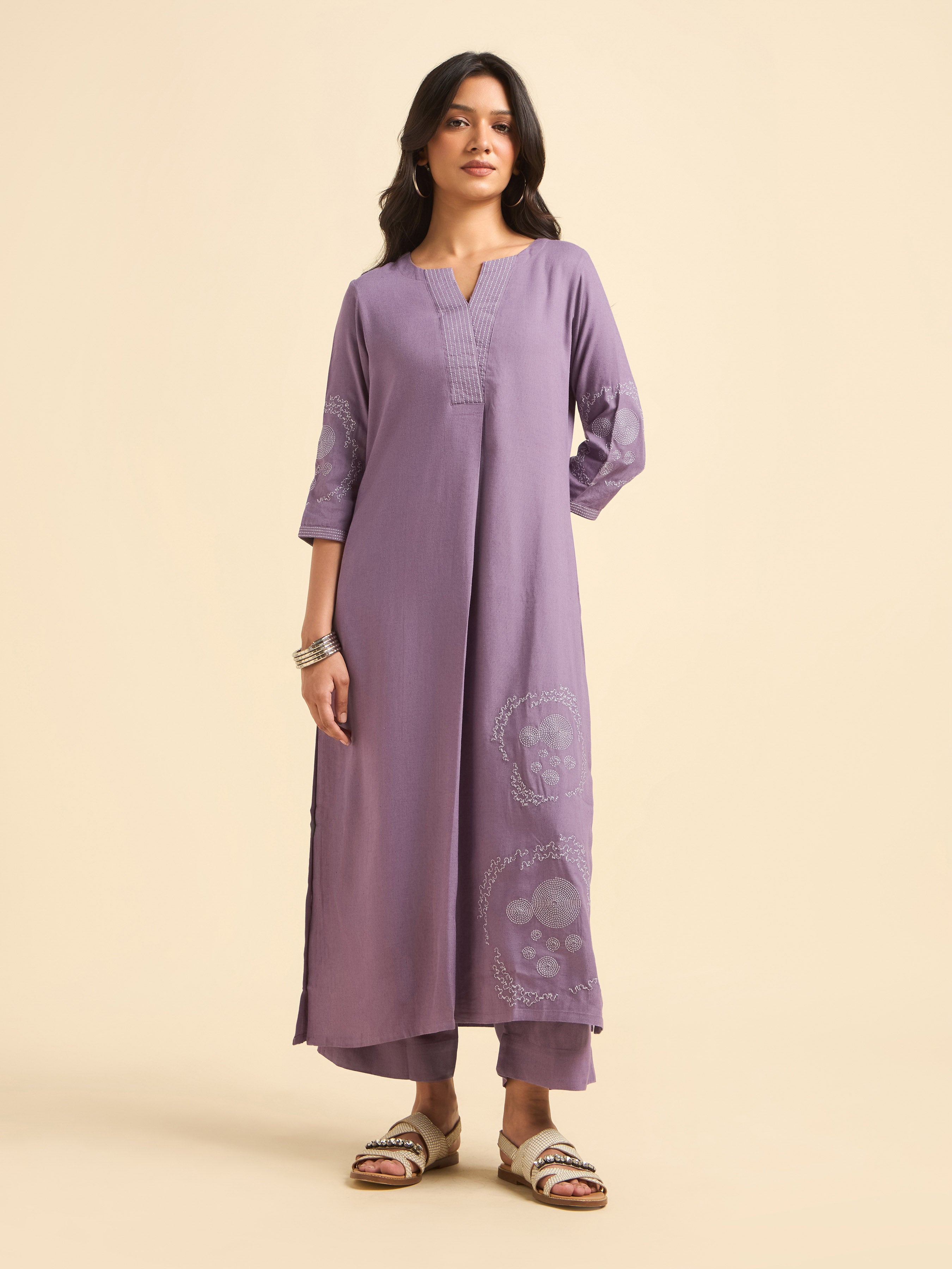 Dusty Purple Viscose Linen Plain Slitted Kurti With Embroidery