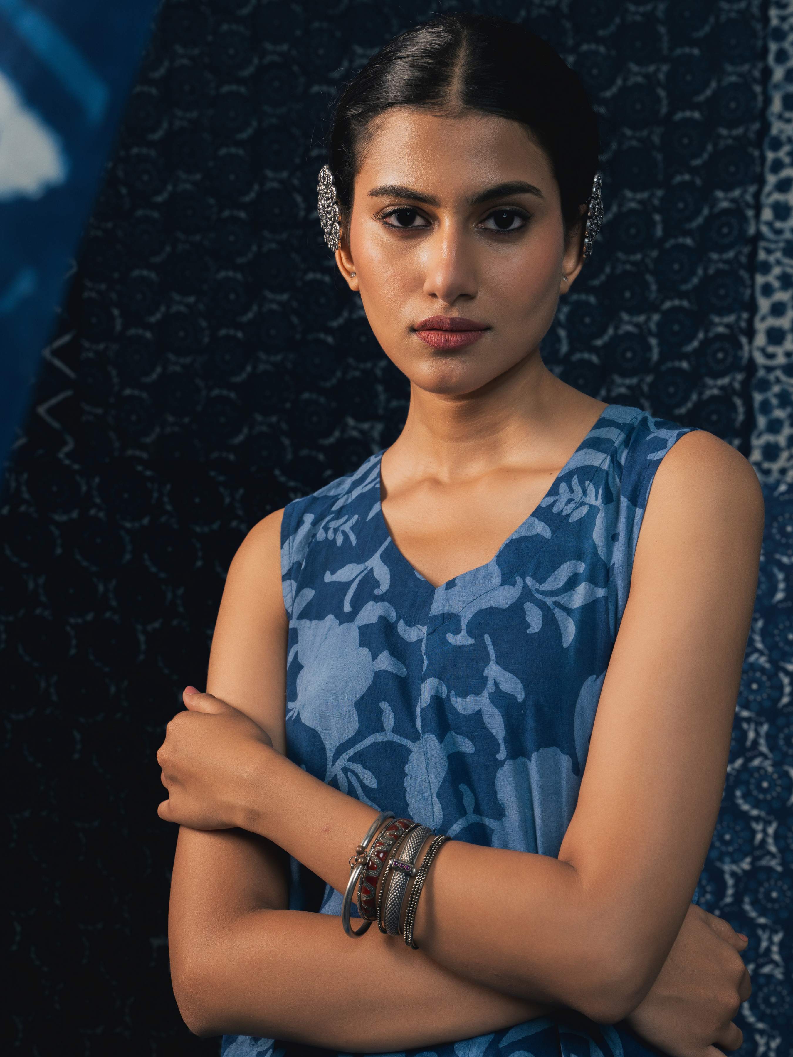 Indigo Cotton Natural Printed Kurti With Bottom