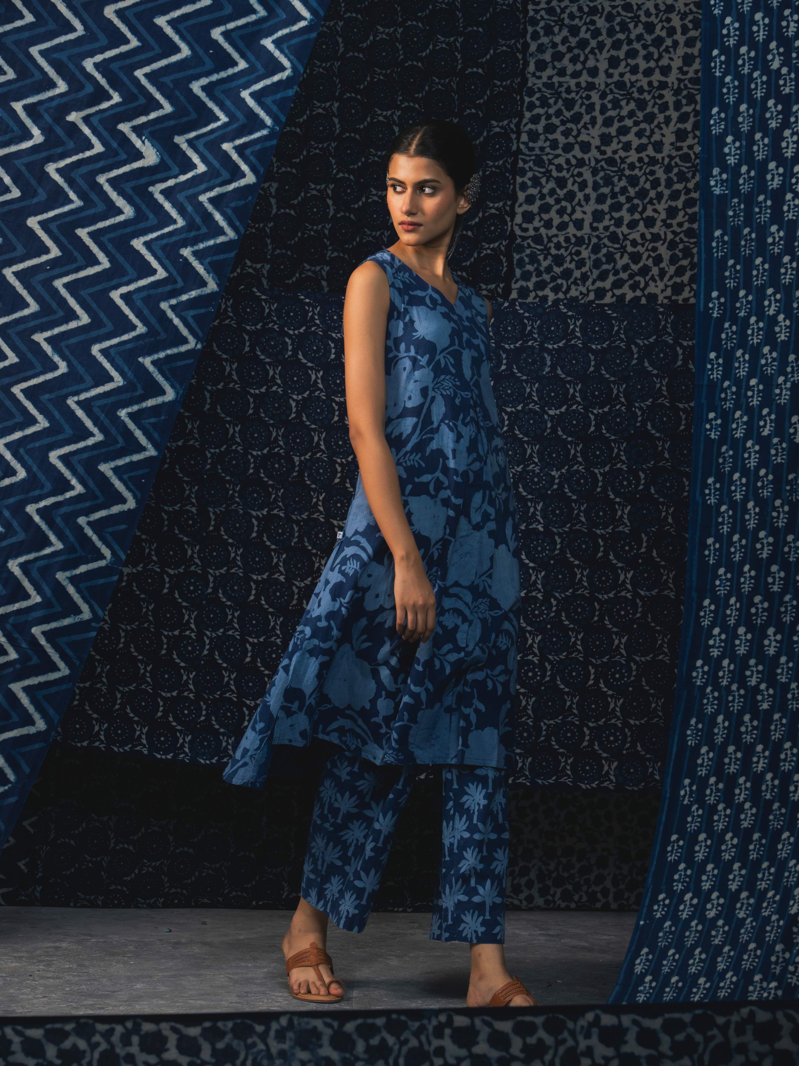 Indigo Cotton Natural Printed Kurti With Bottom