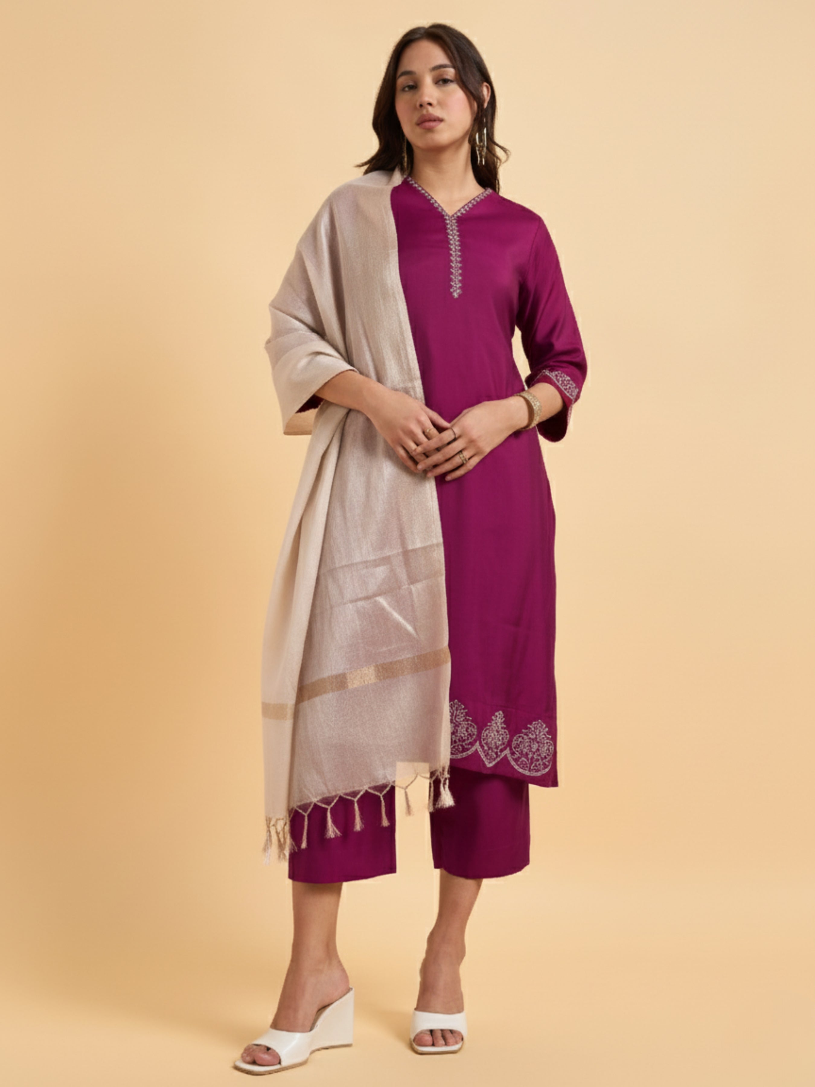 Magenta Viscose Blend Kurti Set With Dupatta And Sequence Embroidery