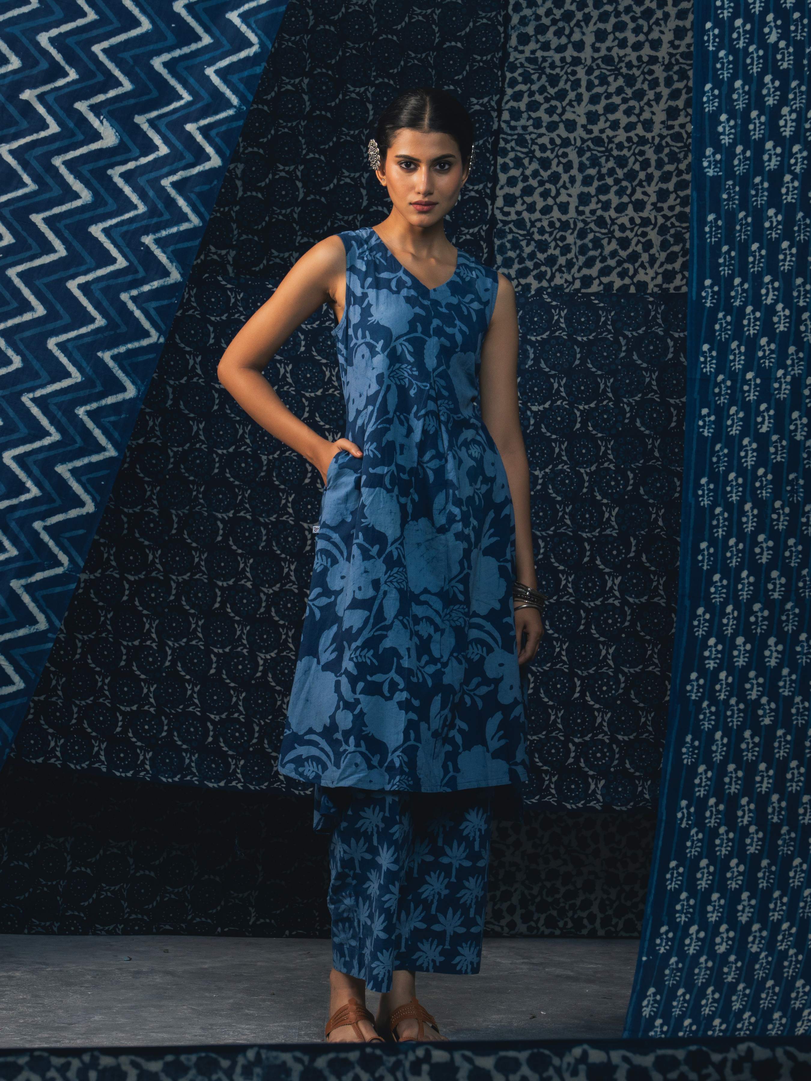 Indigo Cotton Natural Printed Kurti With Bottom