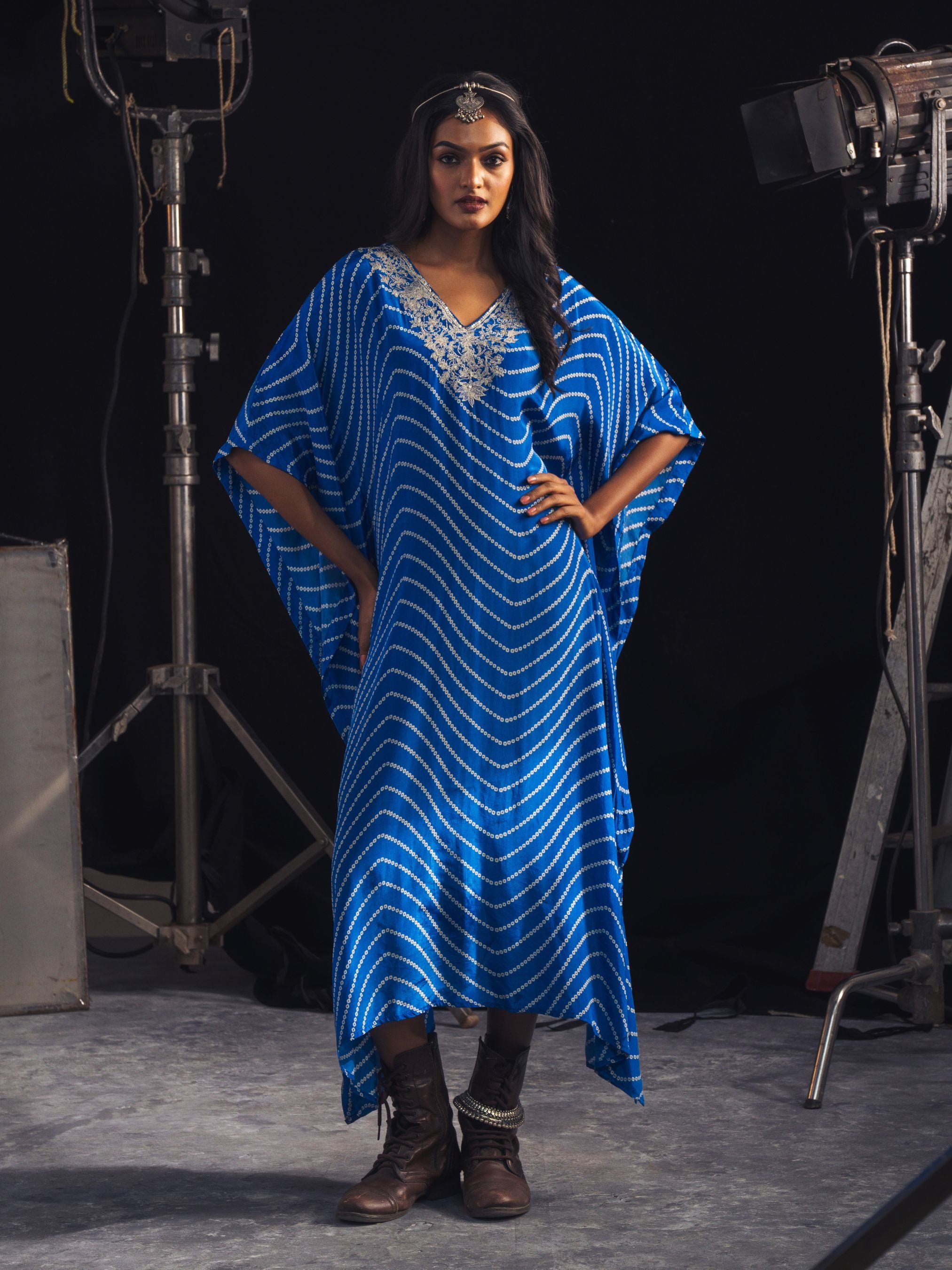 Blue & White Crepe Printed Kaftan With Embroidery And Sequin Work