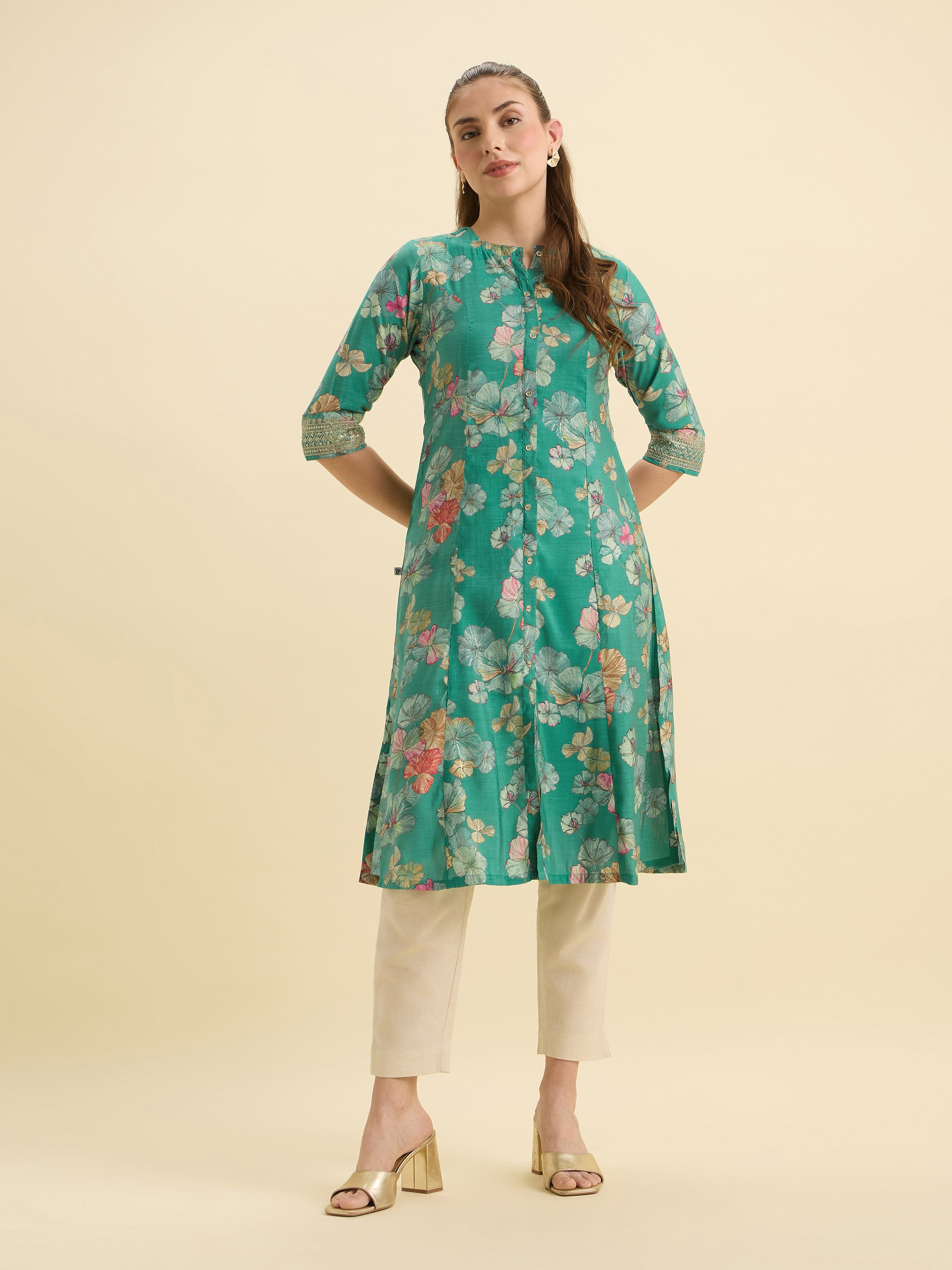 Green Multi Viscose Blend Printed Flared Kurti With Cording Embroidery Sequins Work
