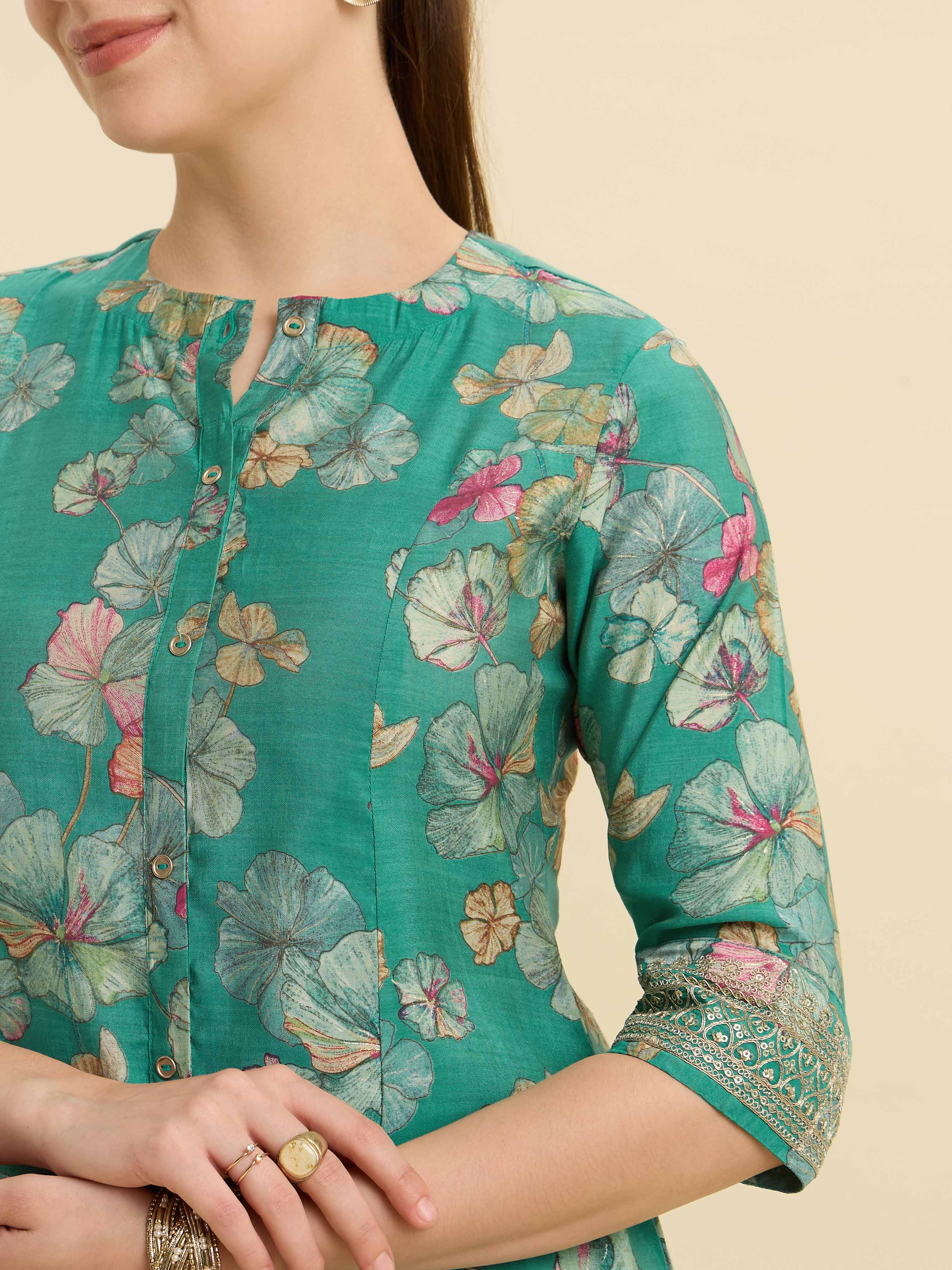 Green Multi Viscose Blend Printed Flared Kurti With Cording Embroidery Sequins Work