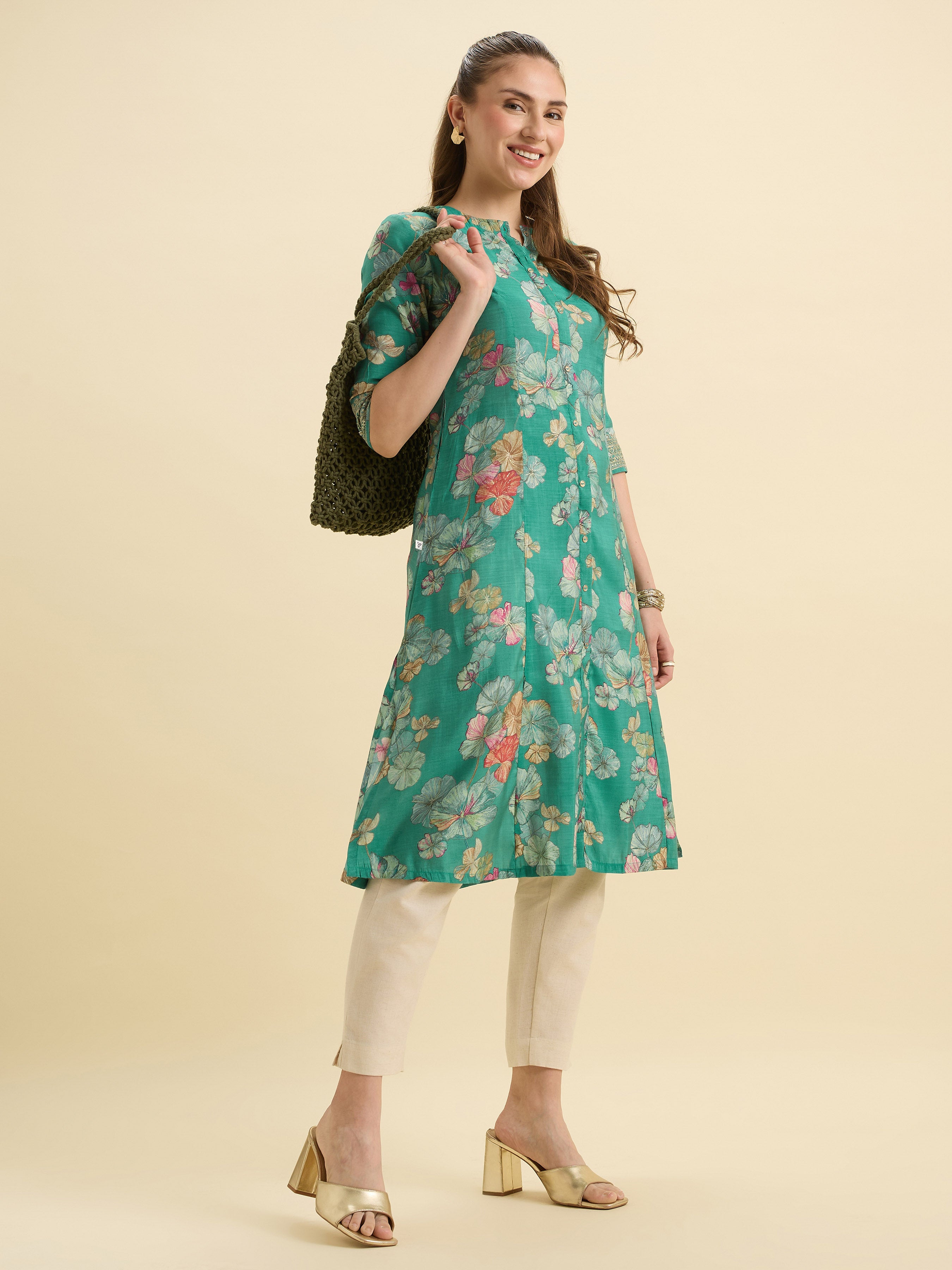 Green Multi Viscose Blend Printed Flared Kurti With Cording Embroidery Sequins Work