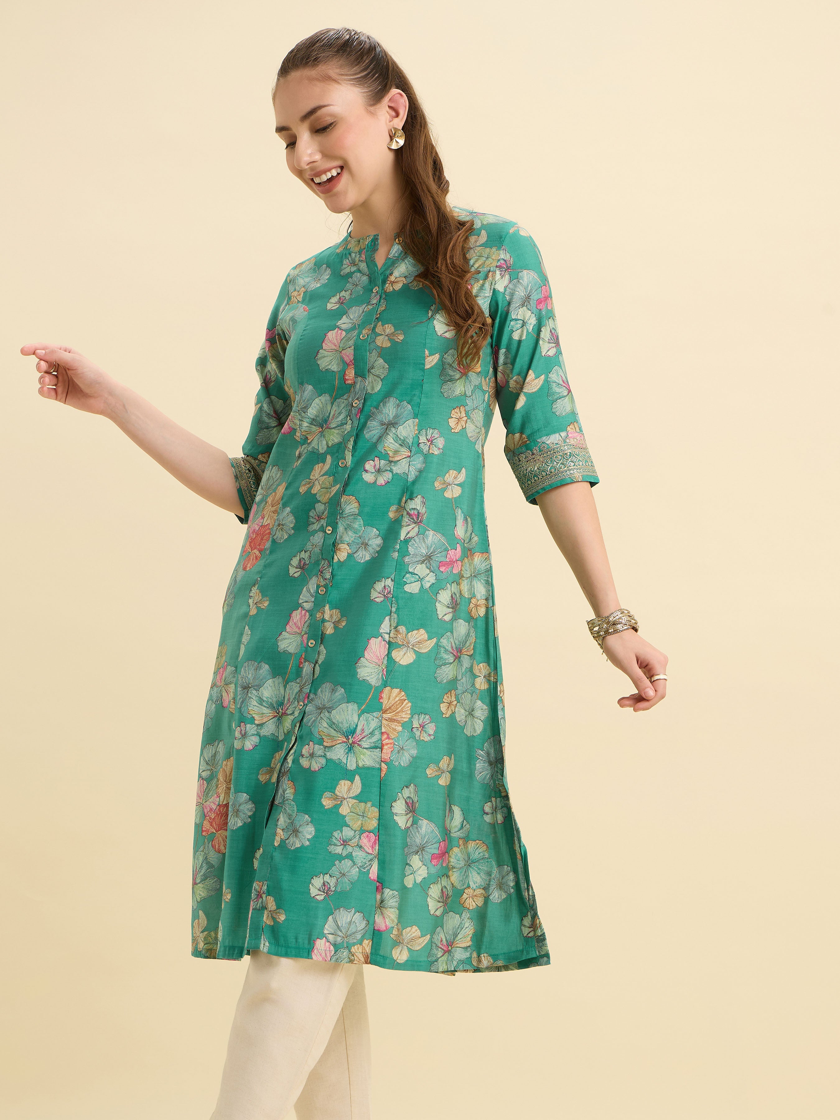 Green Multi Viscose Blend Printed Flared Kurti With Cording Embroidery Sequins Work
