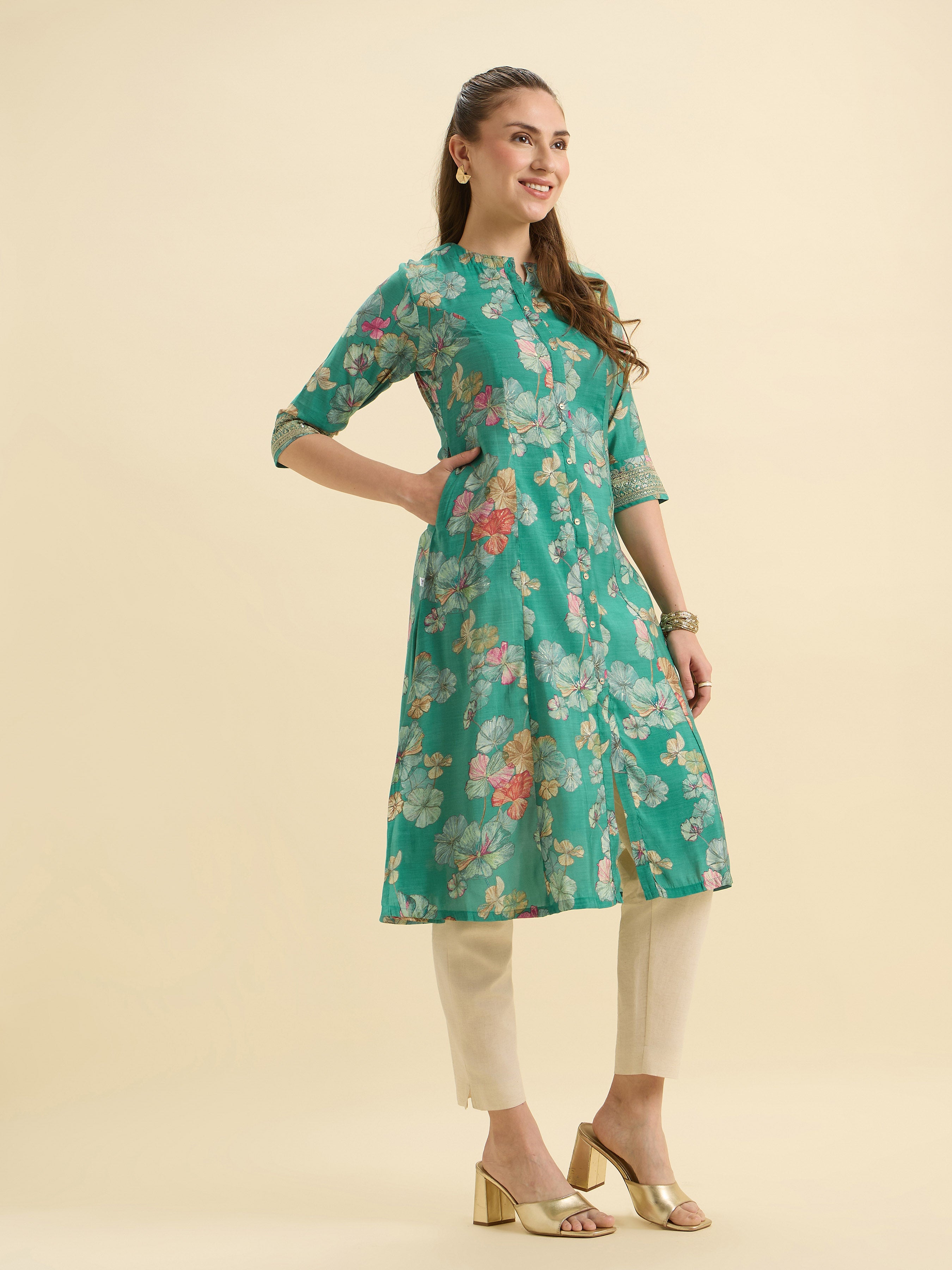 Green Multi Viscose Blend Printed Flared Kurti With Cording Embroidery Sequins Work